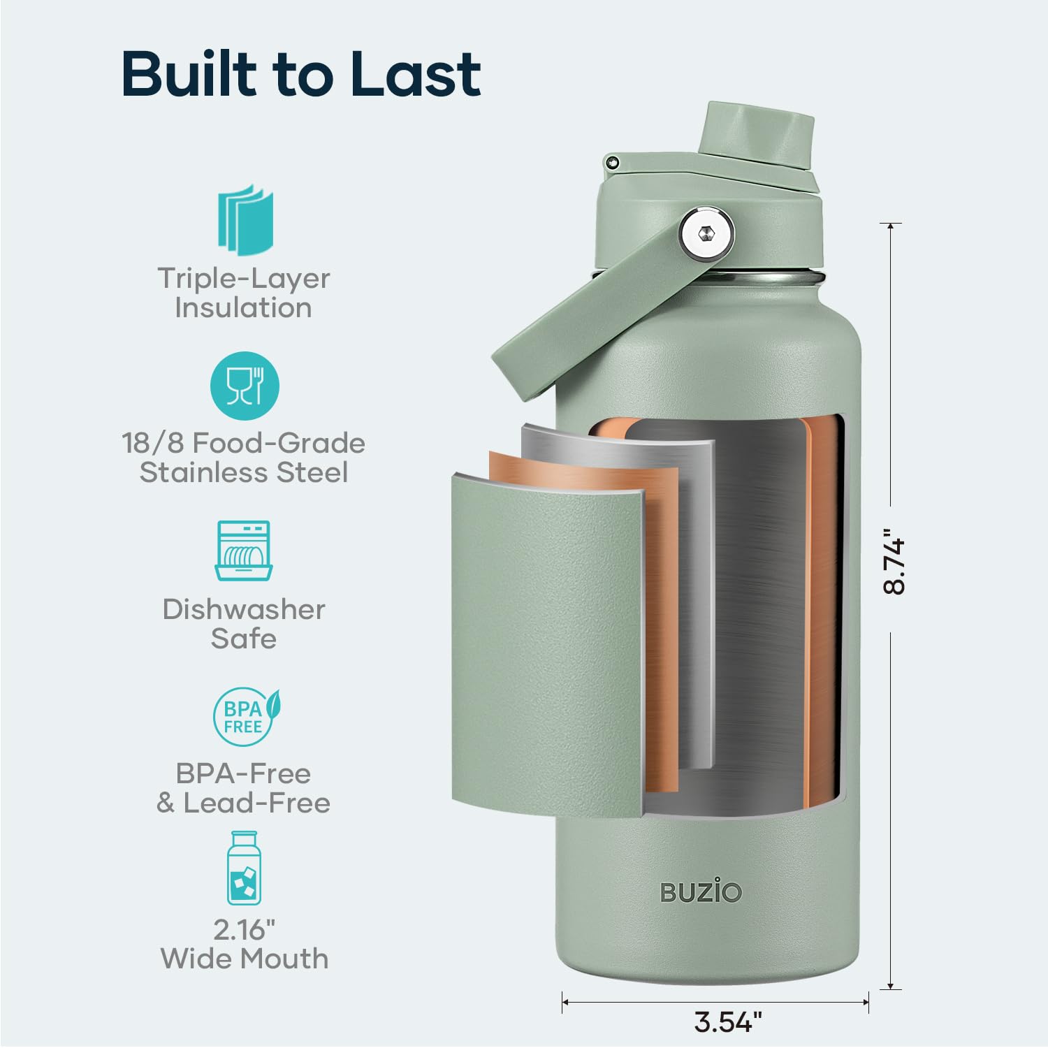 BUZIO 32 oz Water Bottle Insulated, Leakproof Stainless Steel Flask (Cold for 48 Hrs), Wide Mouth BPA-Free Metal Thermo Hydro Ca