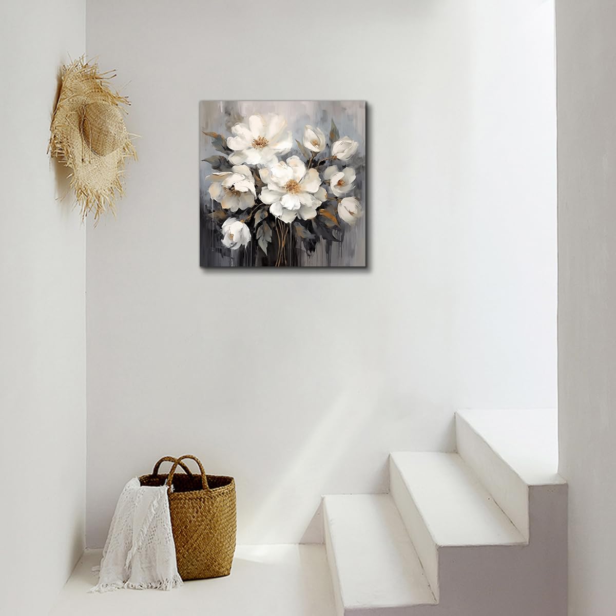 Anzhongart Bathroom Wall Art, Flower Wall Art,Floral Canvas Wall Art, Big Wall Art White And Gray Flower Decoration,Bedroom Offi