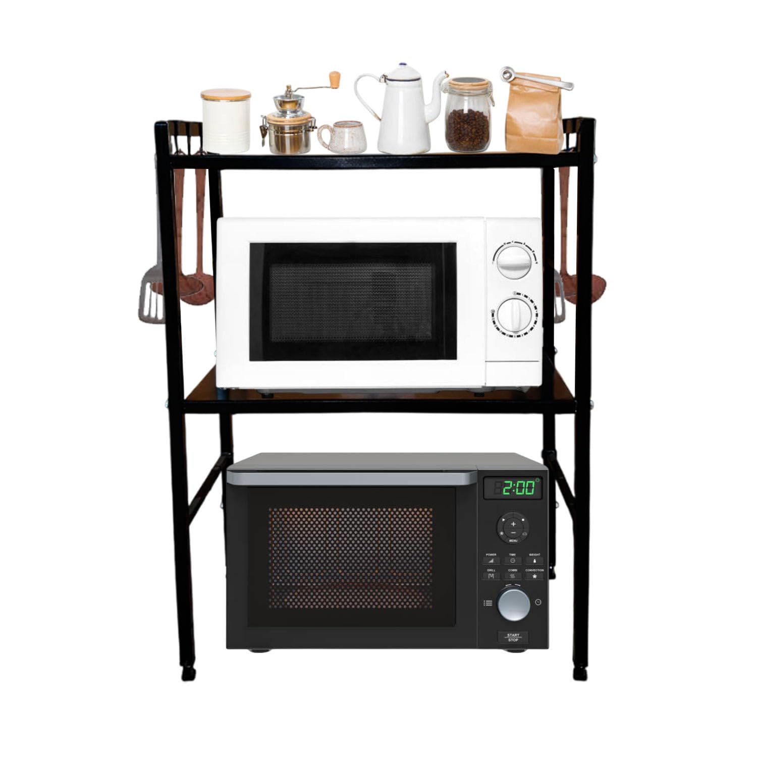 A To Z Hub 3-Tier Mild Steel Microwave Oven Stand/Storage Shelf/Storage Rack For With Height Adjustable Platforms With Hooks
