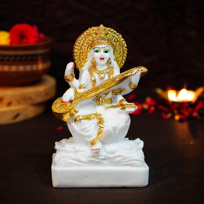Ekhasa Aura Series Marble Dust Maa Saraswati Idol (5 Inch) | Gold Plated Saraswati Maa Murti For Study Table, Pooja Room & Home 