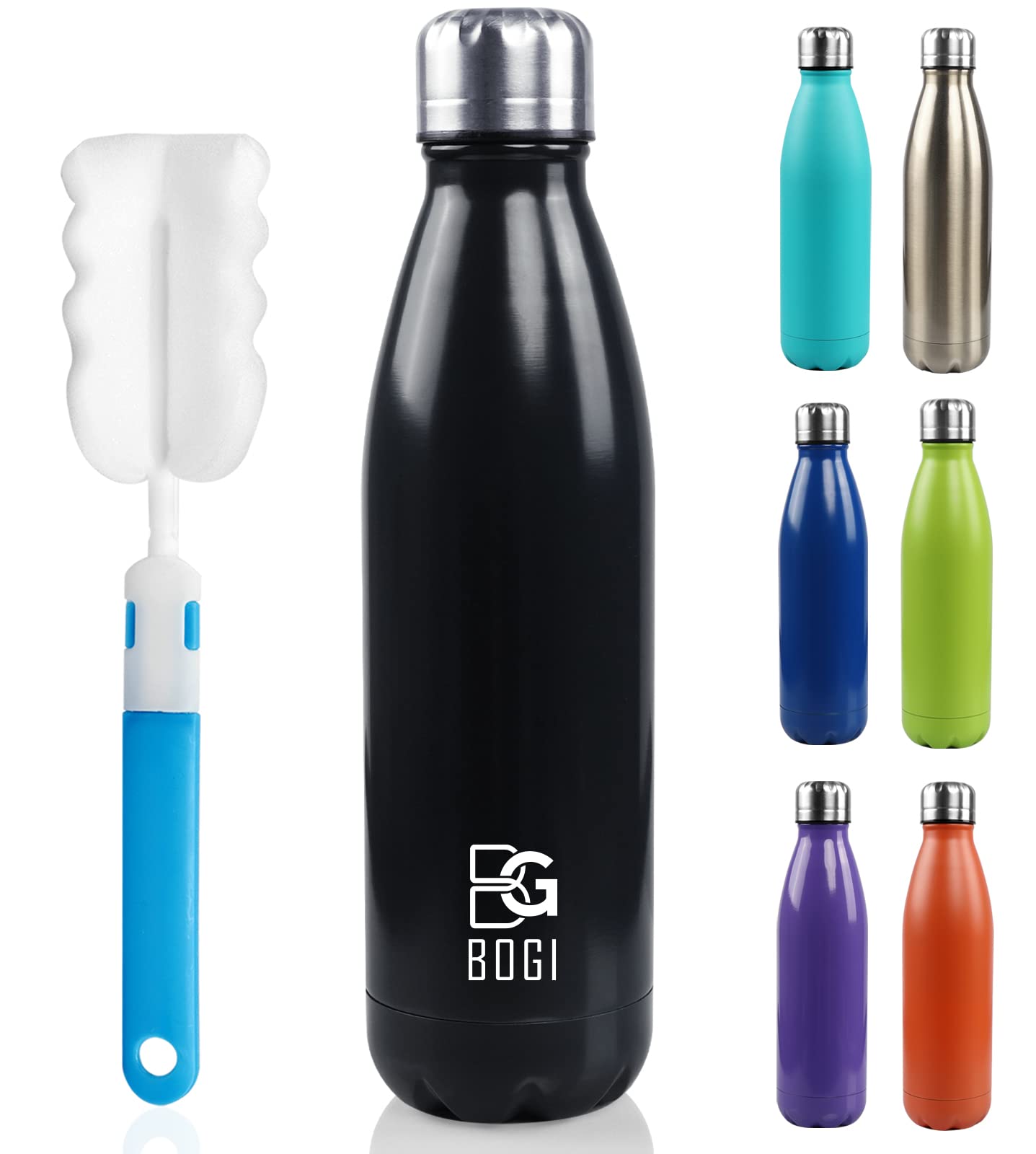 Bogi Insulated Water Bottle, 17Oz Stainless Steel Water Bottles, Leak Proof Sports Metal Water Bottles Keep Drink Cold For 24 Ho
