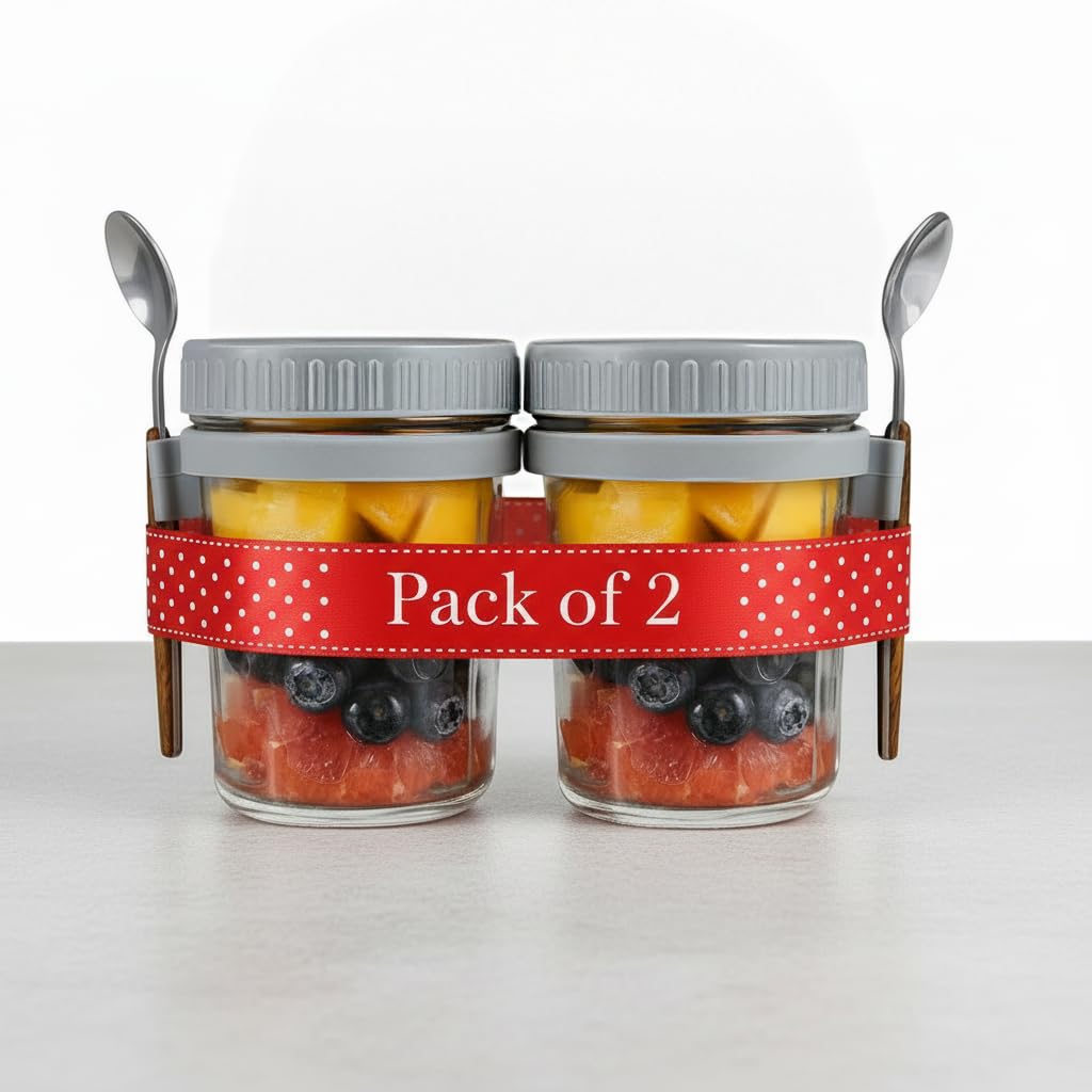Coolbit Pack Of 2 (350Ml) Overnight Oats Containers Jar With Lids & Spoons, Glass Yogurt Parfait Cups, Meal Prep Snack Jars, Lea