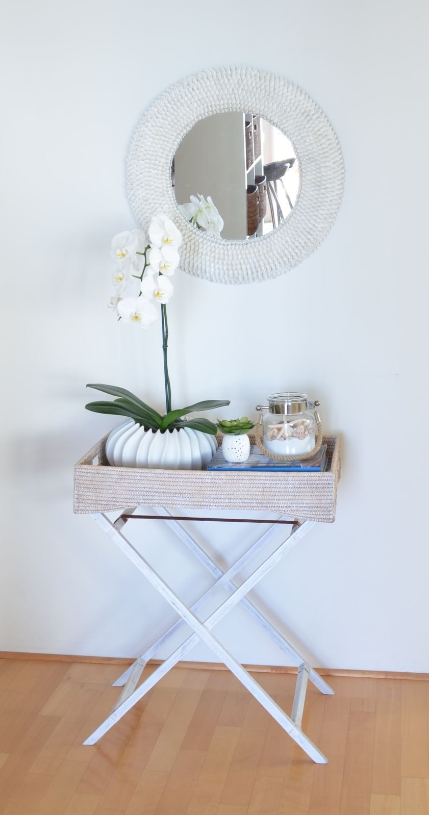 Kouboo La Jolla Rattan Butler Tray With Folding Wood Stand, White Wash