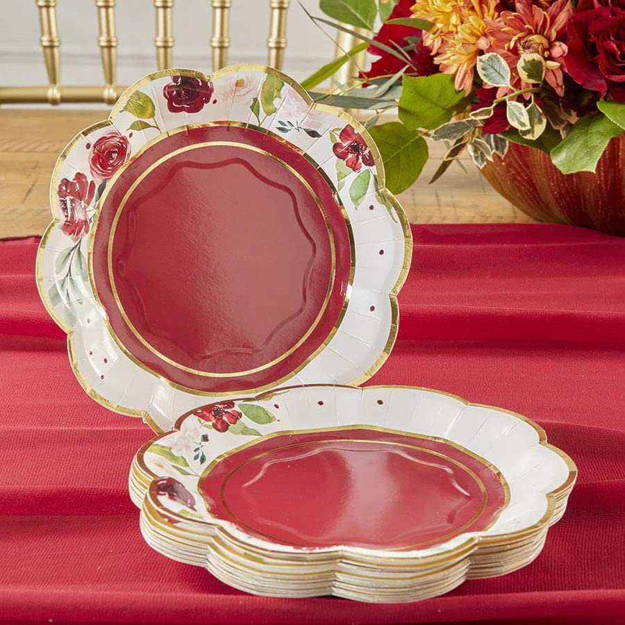 Kate Aspen 32 Pcs Burgundy Blush Floral Paper Plates, 7 Inch Heavy Duty Disposable Party Plates, Party Supplies Tableware For Bi