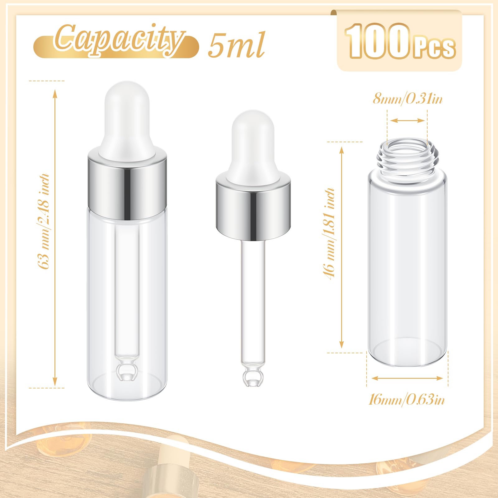 Didaey 100 Pcs Mini Glass Dropper Bottle Bulk, 5 Ml Sliver Clear Essential Oil Dropper Bottles Small Tincture Empty Bottles Samp