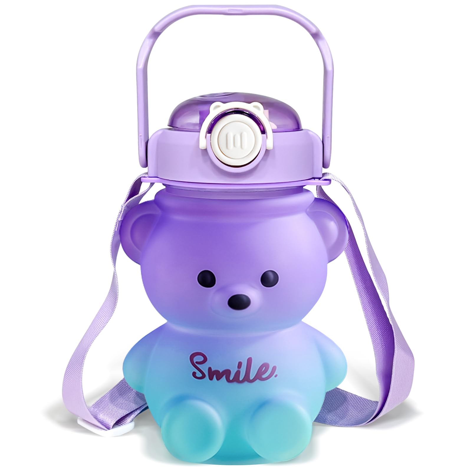 CLWVPCOT Bear Water Bottle, 32oz Cute Kawaii Teddy Bear Water Bottle with Straw & Adjustable Strap, LeakProof, Light Weight, BP