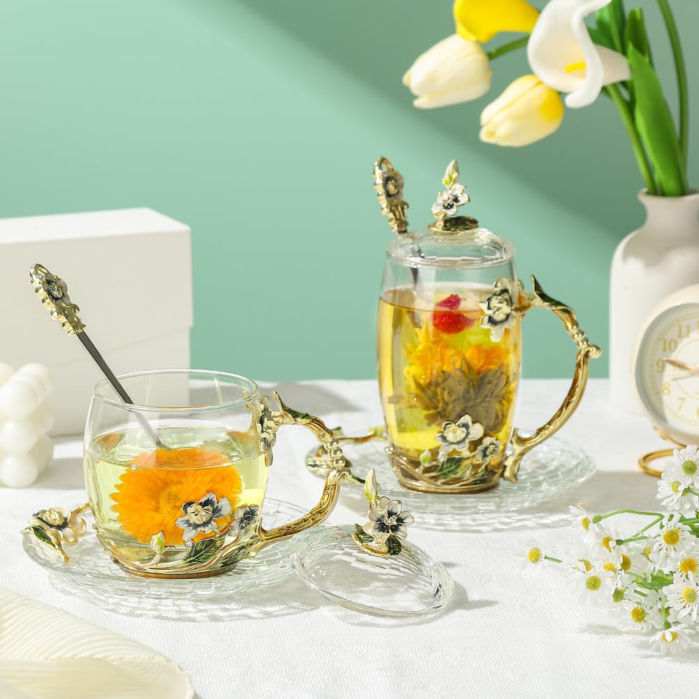 LANTREE Unique Tea Cups Mother's Day Gift Enamels Flower Glass Coffee Mug with Spoon Jasmine Cups Birthday Christmas Gift for Wo