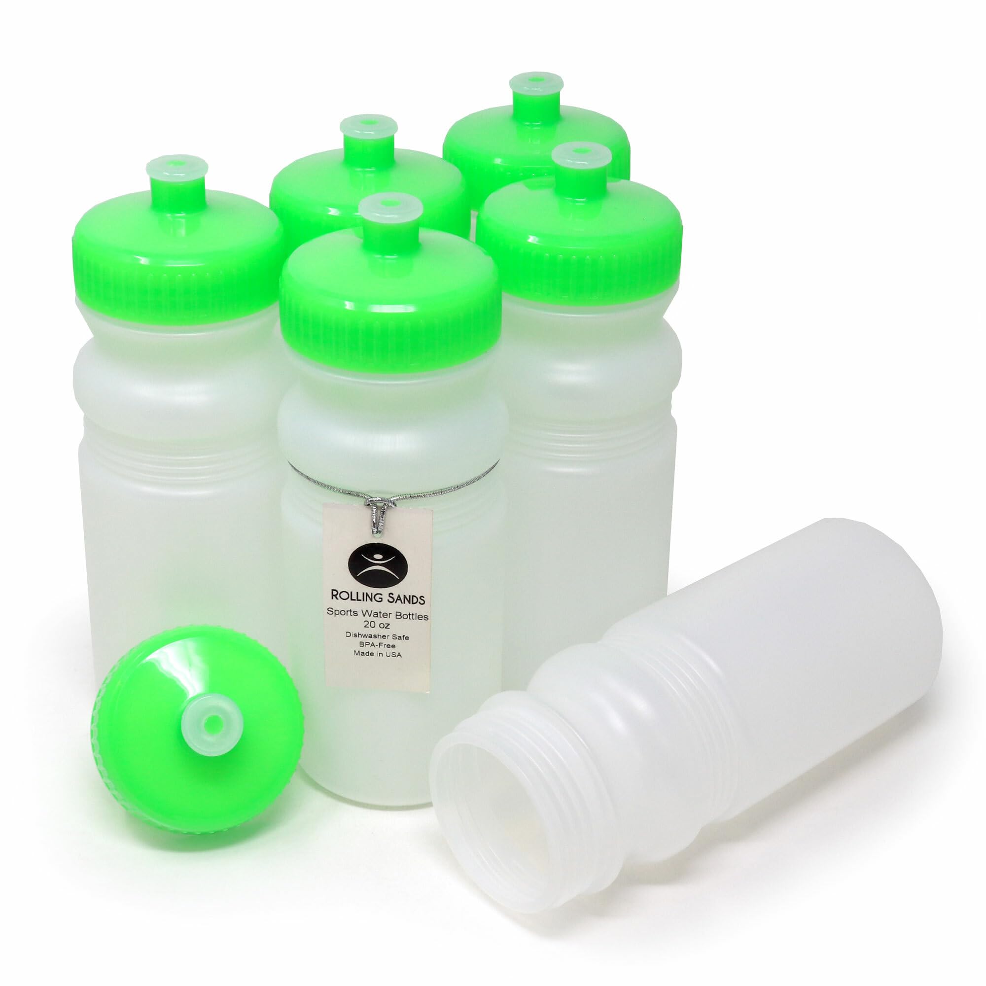 Rolling Sands USA Made 20 Ounce Sports Water Bottles - 6-Pack BPA-Free Blank Sports Bottles for Small Teams, Adults & Kids - Cle