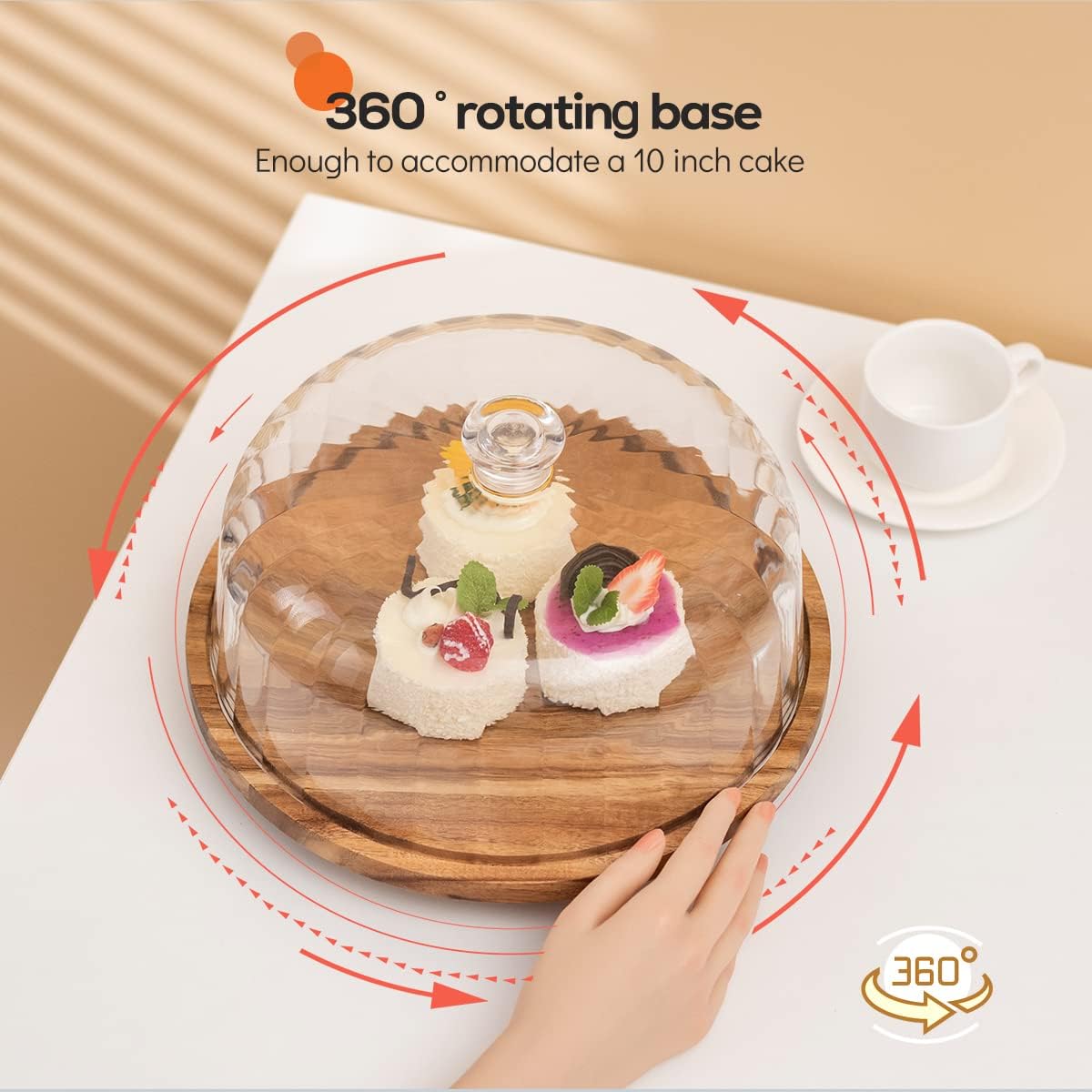 Cutesun Wood Cake Stand With Lid, 11.8'' Rotating Cake Stand With Dome, Shaterproof 10.4'' Acrylic Cake Display Cover, Cake Hold