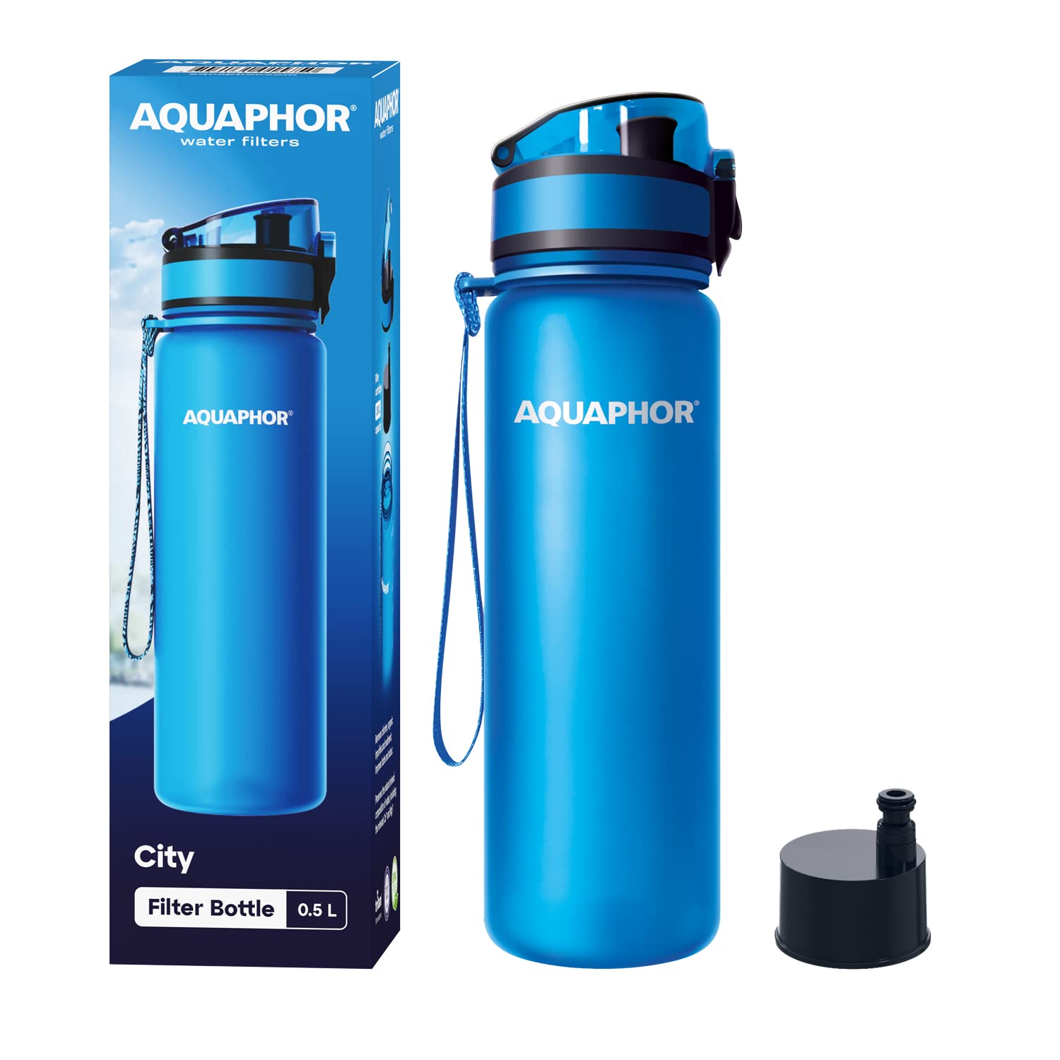 Aquaphor City Bottle 500Ml Blue  Travel Water Bottle With Activated Carbon Filter  Filters Chlorine & Impurities  Made Of Tritan