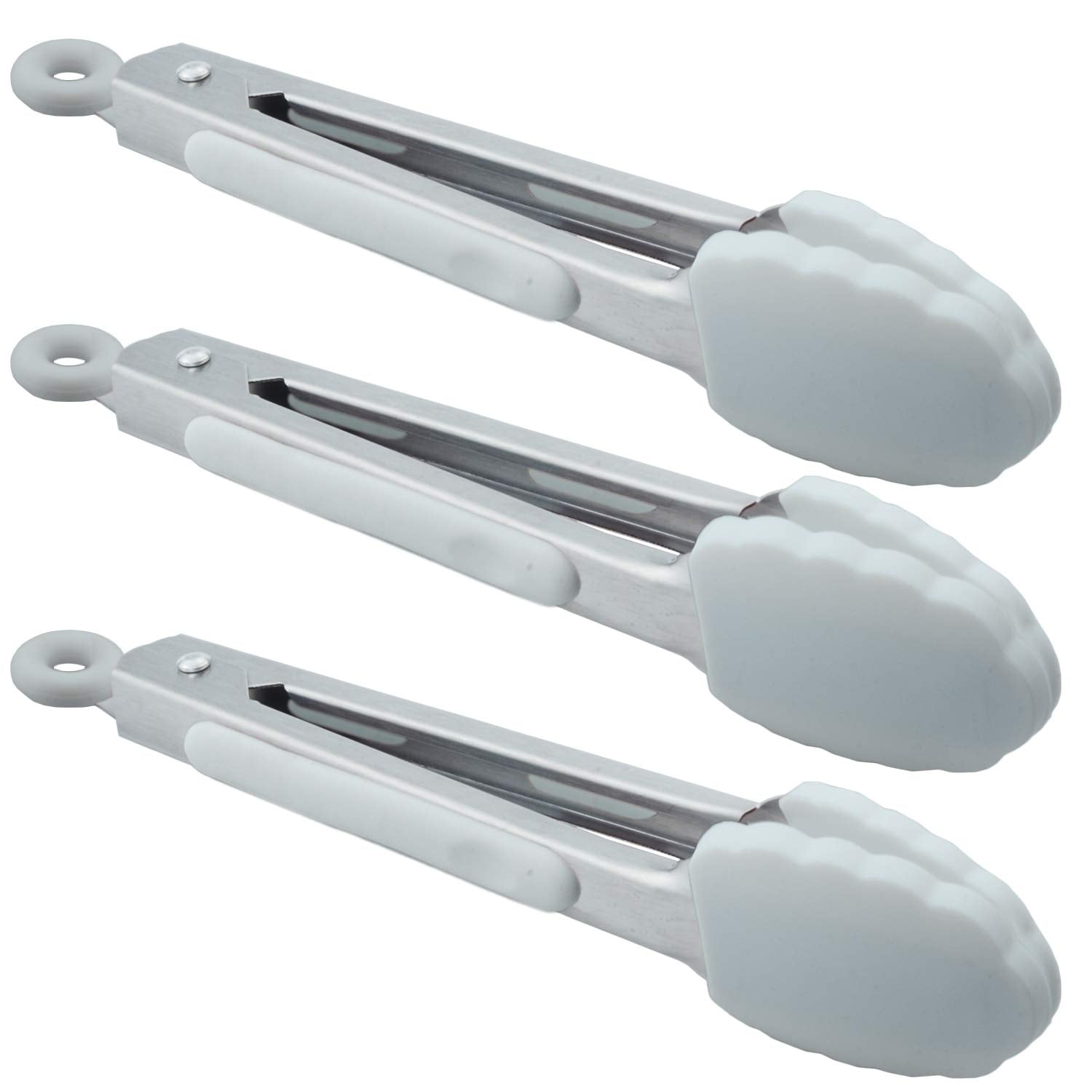Hinmay Mini Silicone Tongs 7-Inch Small Salad Tongs, Set Of 3 (White)