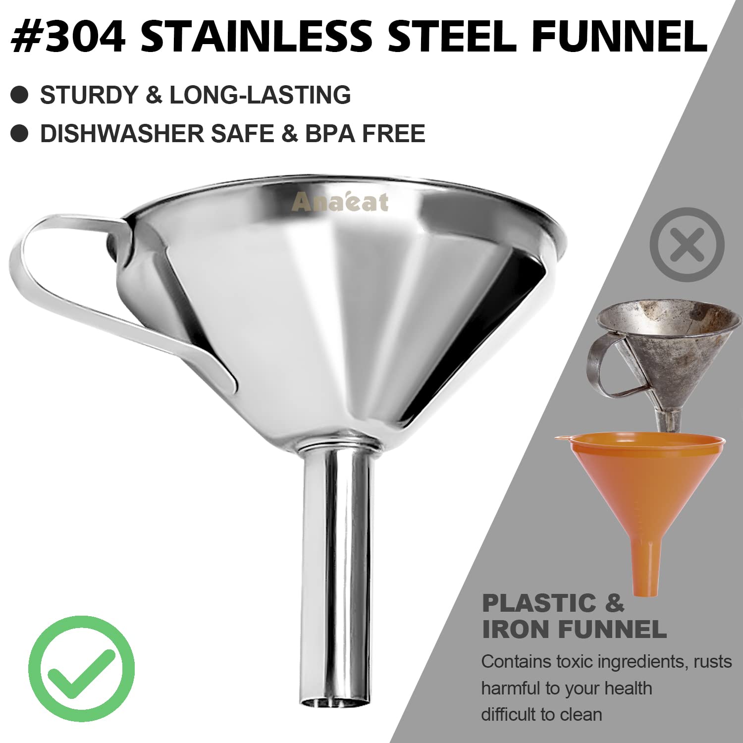 Anaeat 3 Pack Stainless Steel Kitchen Funnel Set, Multi-Use Premium Metal Food Grade Cooking Funnels With 2 Removable Strainer F