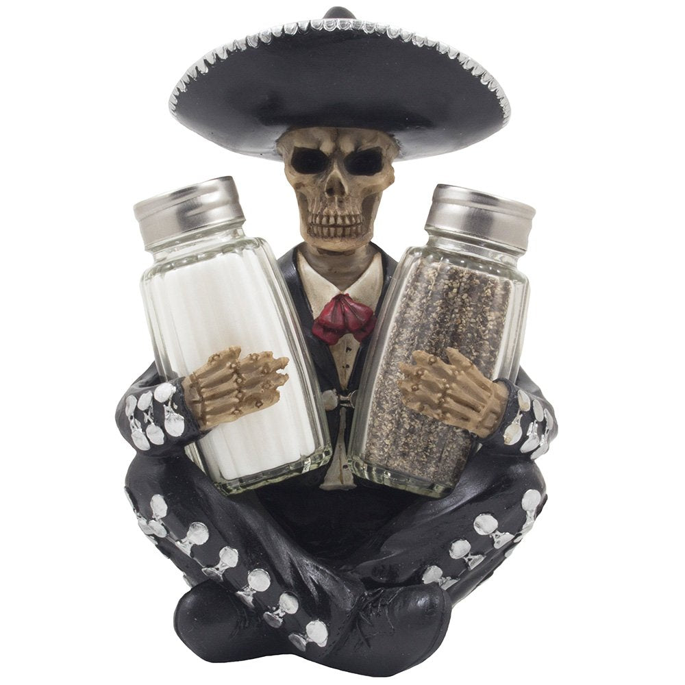 Dia de Los Muertos Mariachi Skeleton Salt and Pepper Shaker Set with Decorative Figurine Holder for Day of the Dead Mexican Fest