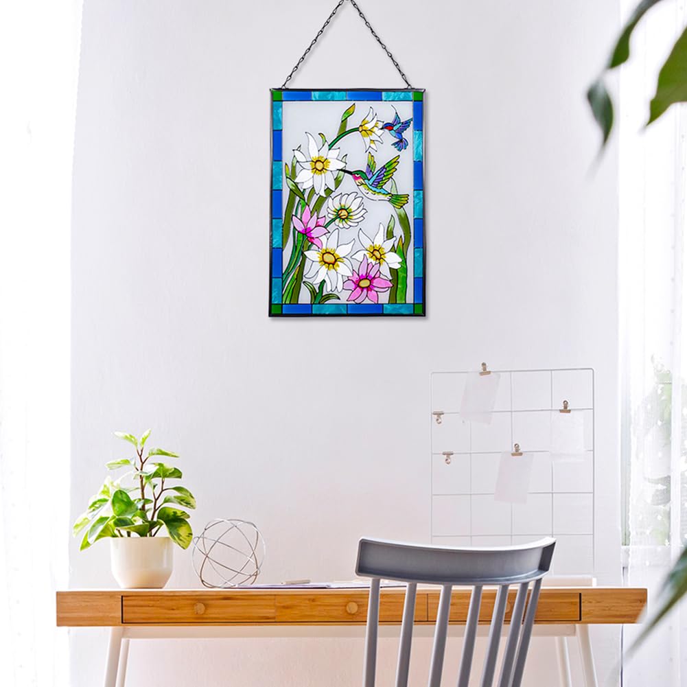 Viveta Stained Glass Window Hanging, Hummingbird Suncatchers Panels, Glass Window Panel Hanging Ornament, Hand-Painted Art Decor