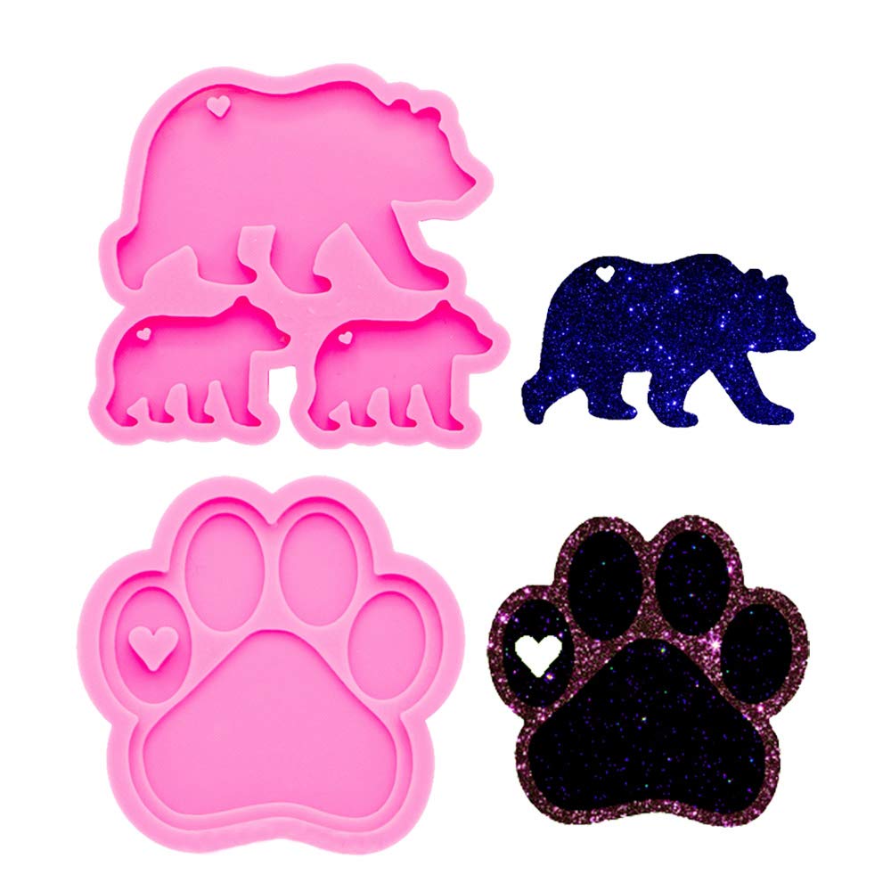 2Pcs Glossy Shiny Walking Polar Bear Paw Set Shaped Love Heart Keychain With Hole Silicone Mold For Diy Fondant Mold Trinket Gum