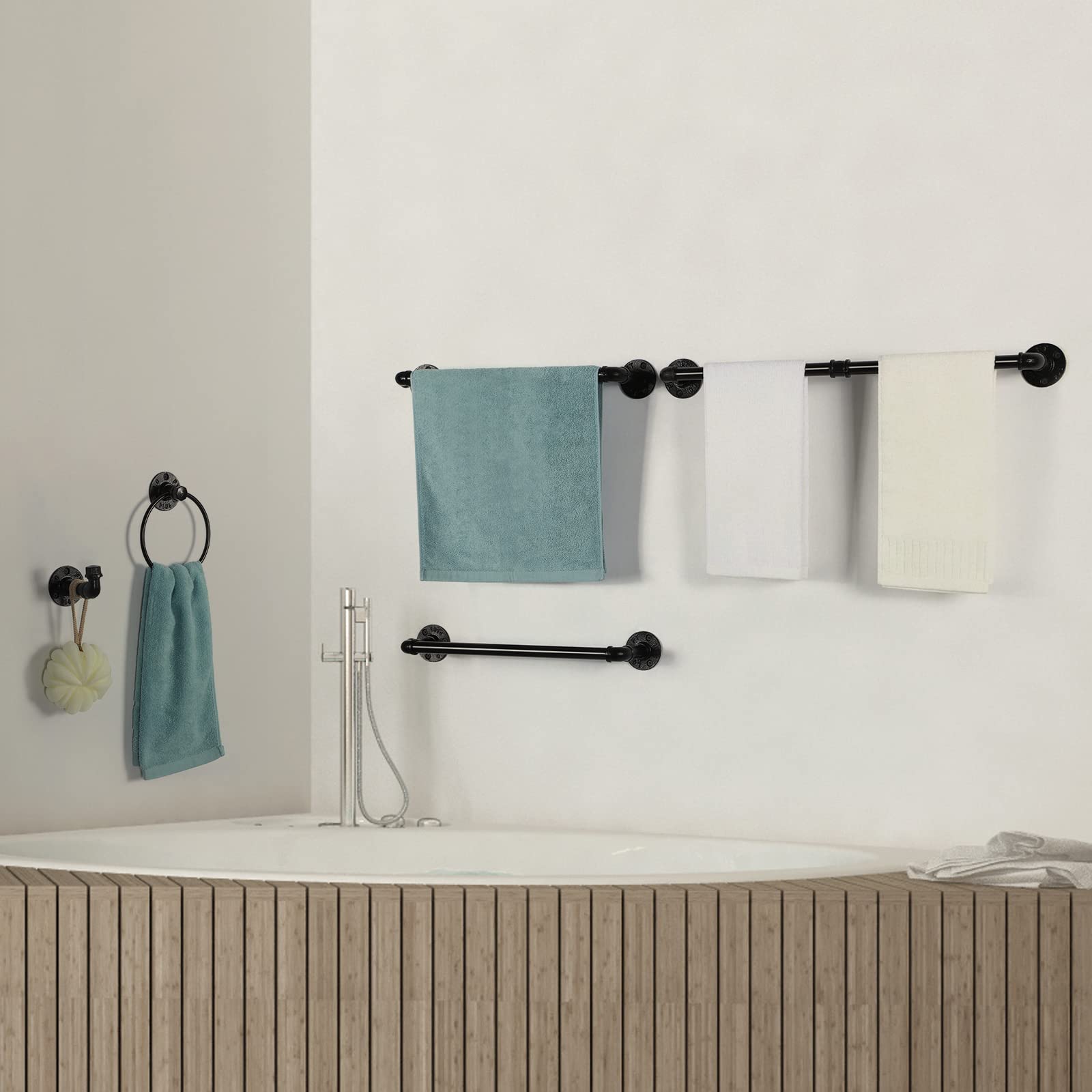 13-Pieces Towel Bar Set Black Bathroom Hardware Set Industrial Pipe Bath Towel Rack Accessories Kit Wall Hand Towel Bar  Toilet Paper Holder  Towel Ring  Robe Towel Hooks  Kitchen Tissue Paper Hanger