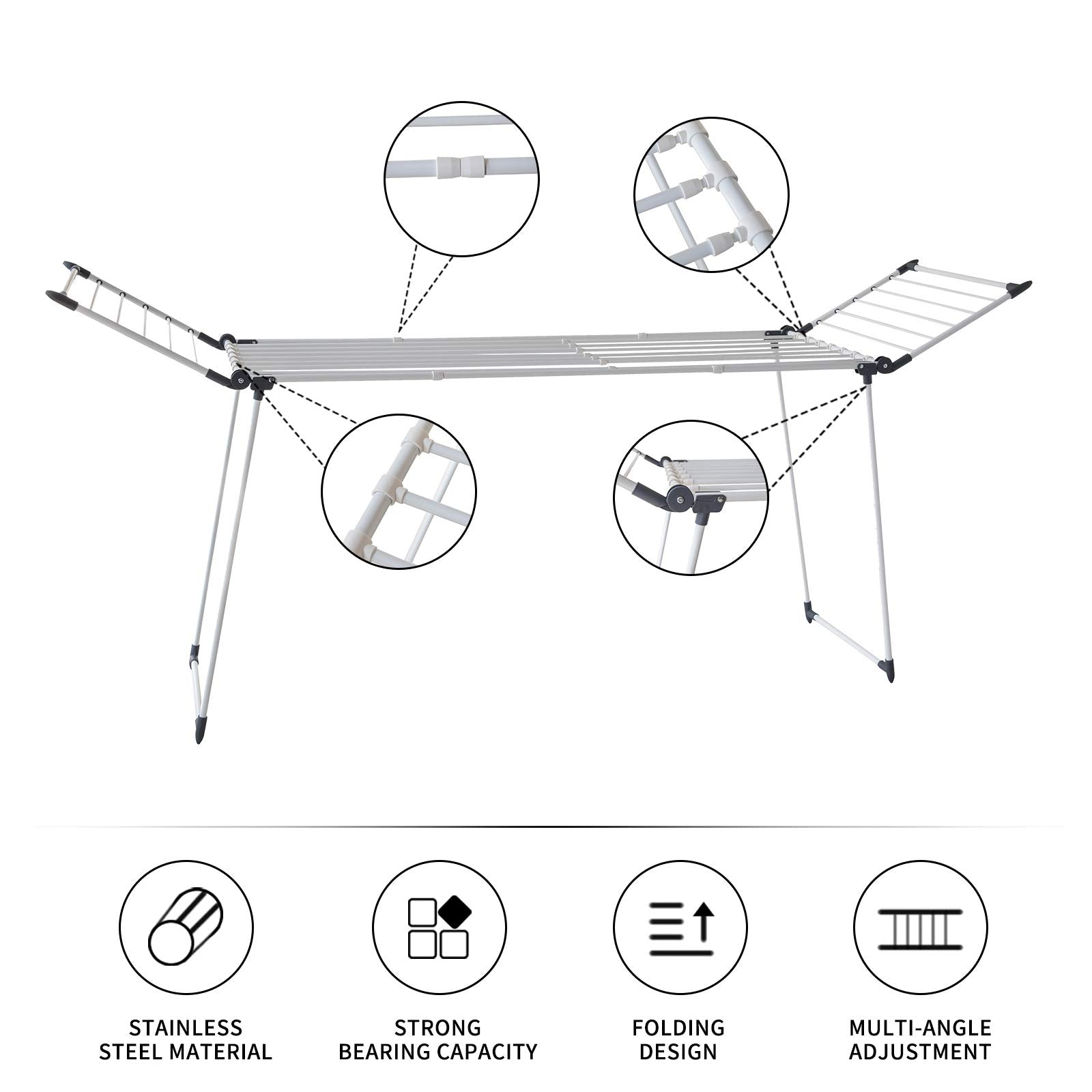 YUBELLES Clothes Drying Rack  Gullwing Laundry Rack Adjustable and Foldable for Easy Storage Indoor and Outdoor  White & Gray