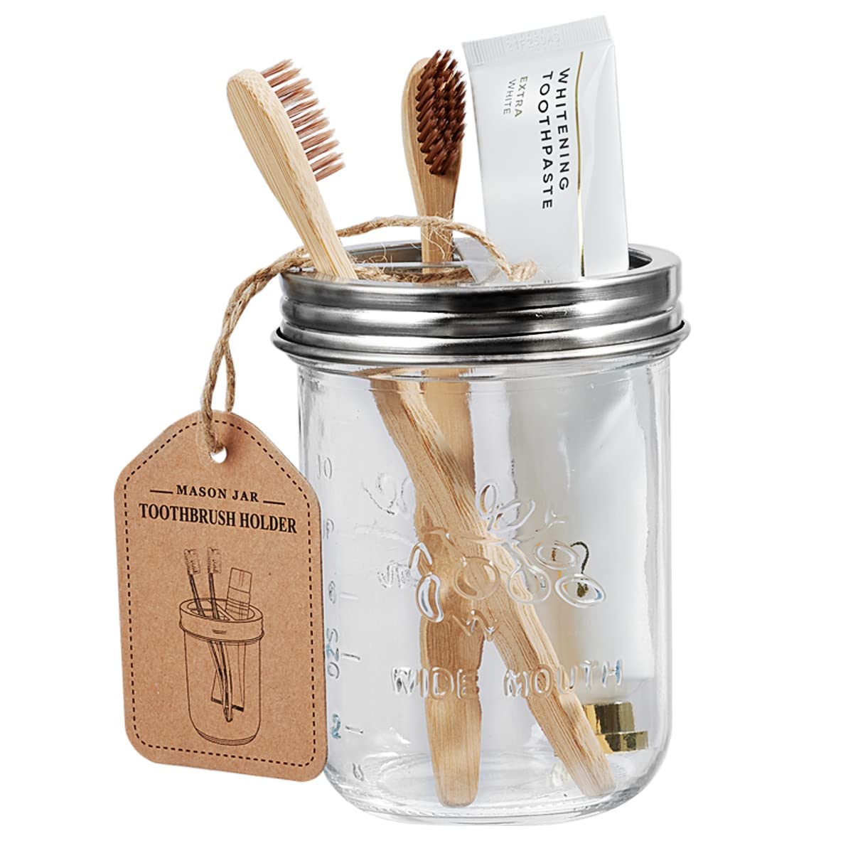 Amolliar Mason Jar Bathroom Accessories Set(4 Pack) - Lotion Soap Dispenser&Qtip Holder Set&Toothbrush Holder-Rustic Farmhouse Decor Apothecary Jar Bathroom Countertop Vanity Organize (Brushed Nickel)