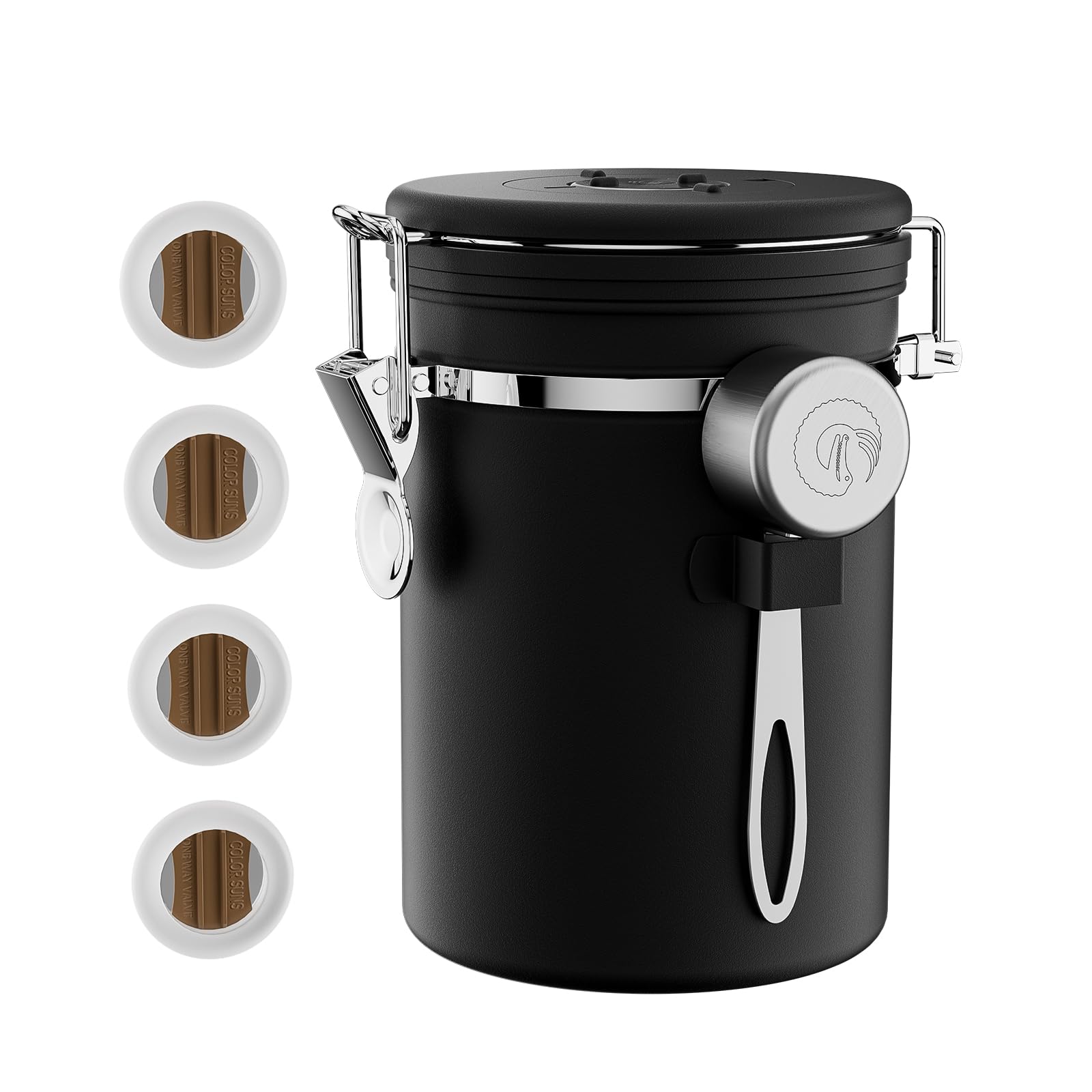 Coffee Gator Stainless Steel Canister - Large 22oz  Black Coffee Grounds and Beans Container with Date-Tracker  CO2-Release Valve  and Measuring Scoop - Ideal Coffee Lovers Gifts for Her