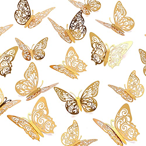 Crosize 72 Pcs Gold Butterfly Decorations, 3 Sizes 4 Styles, 3D Butterfly Wall Decor, Butterfly Party Decorations, Birthday Deco