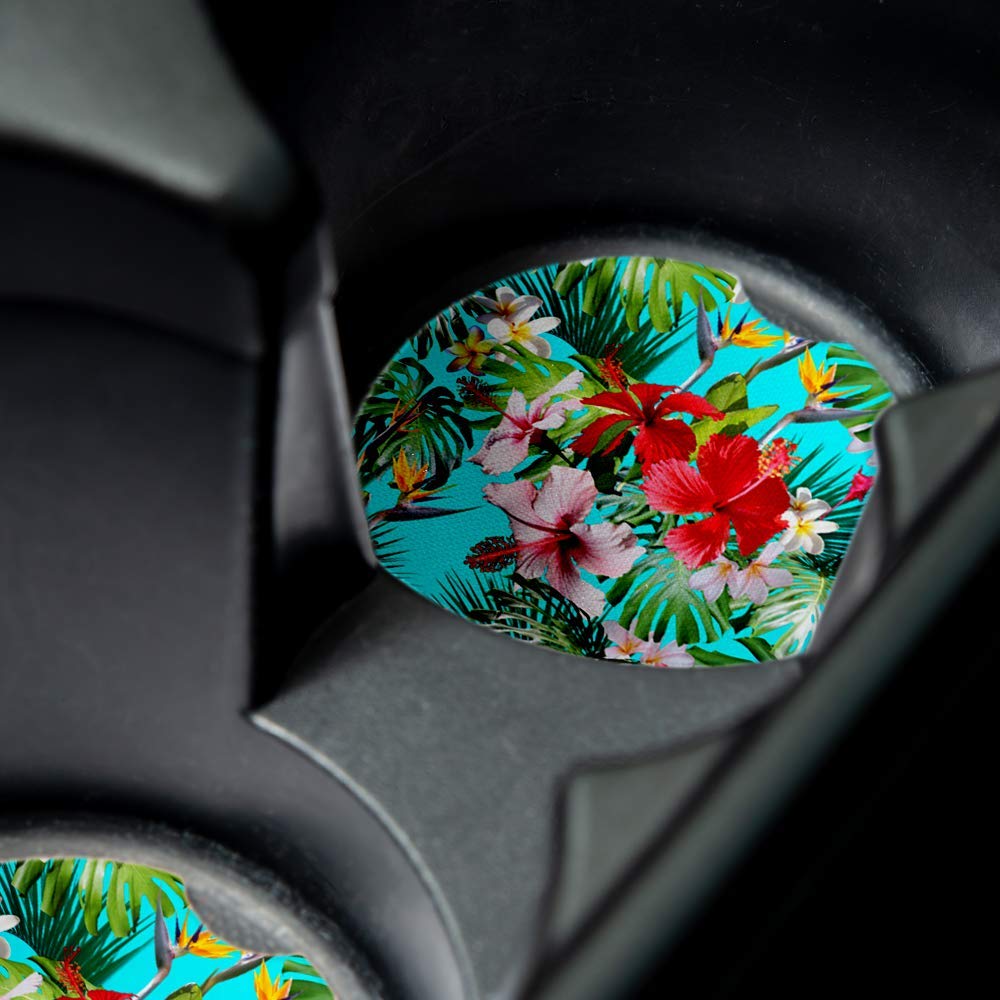 Tropical Red Hibiscus | Car Coasters For Drinks Set Of 2 | Perfect Car Accessories With Absorbent Coasters. Car Coaster Measures