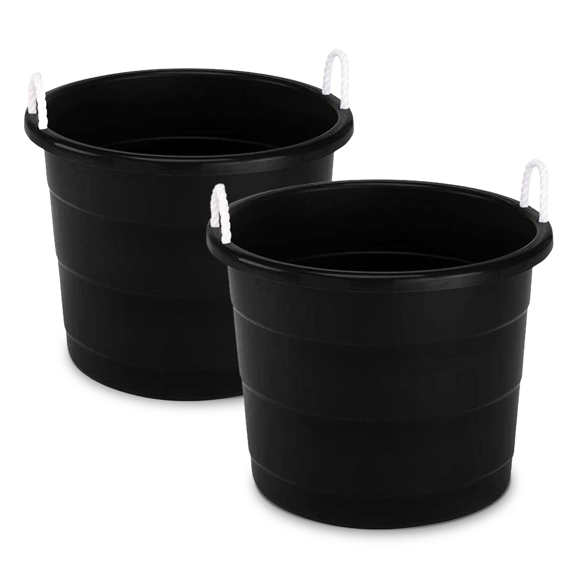Homz Multi Purpose 17 Gallon Plastic Open Top Storage Round Utility Tub with Rope Handles for Indoor or Outdoor Home Organization  Black (2 Pack)