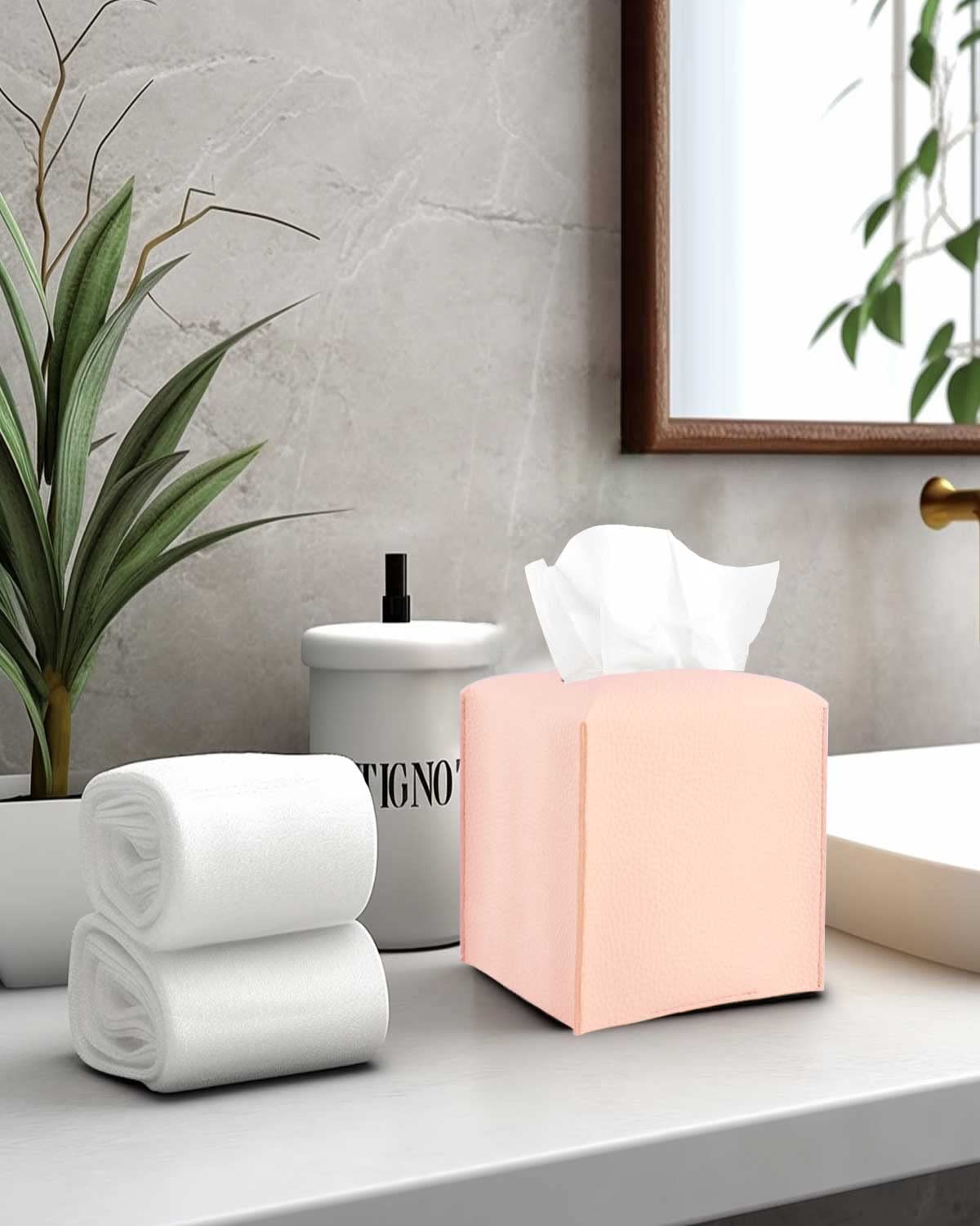 Pink Tissue Box Cover Leather - With Bottom Belt [Jesmini] Decorative Modern Pu Leather Tissue Box Holder For Bathroom Vanity/Ni