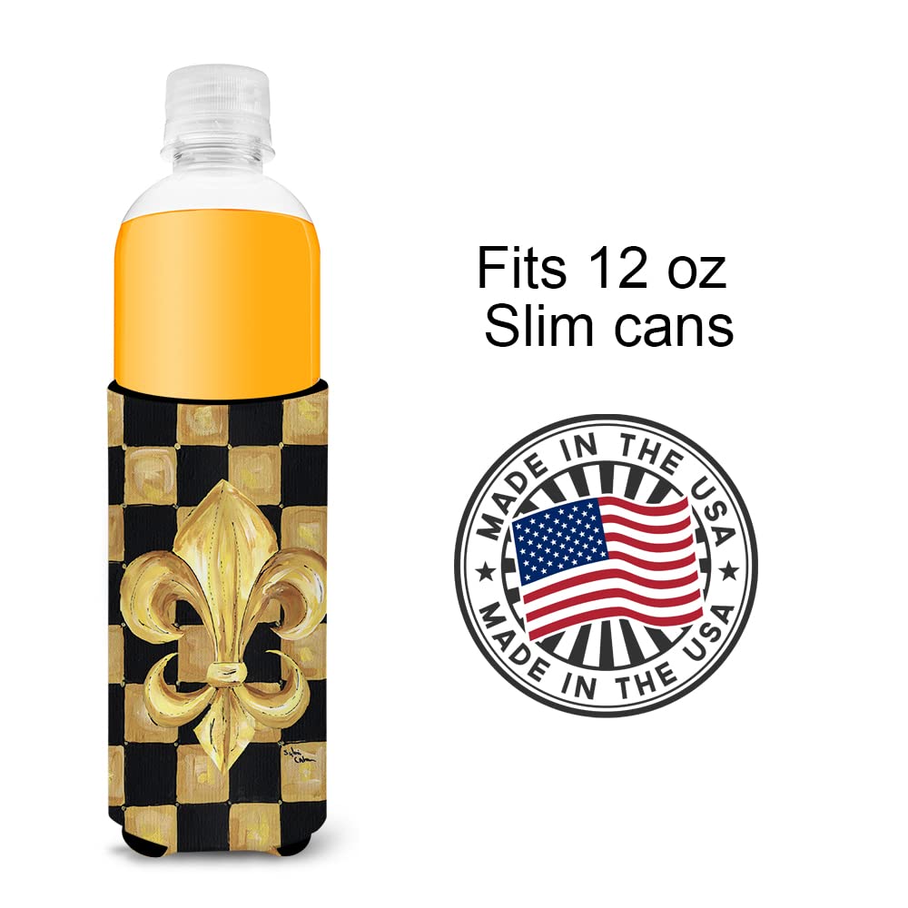 Black Gold Checkered Flag Fleur de lis Ultra Beverage Insulators for slim cans 8197MUK