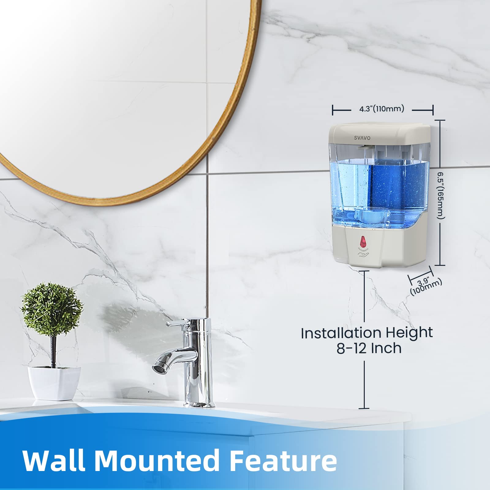 SVAVO Automatic Hand Sanitizer Dispenser  21oz/600ml Touchless Soap Dispenser Wall Mounted  Touch-Free Liquid soap Dispenser Sensor Soap Dispenser for Kitchen Hotel Restaurant Bathroom Gray