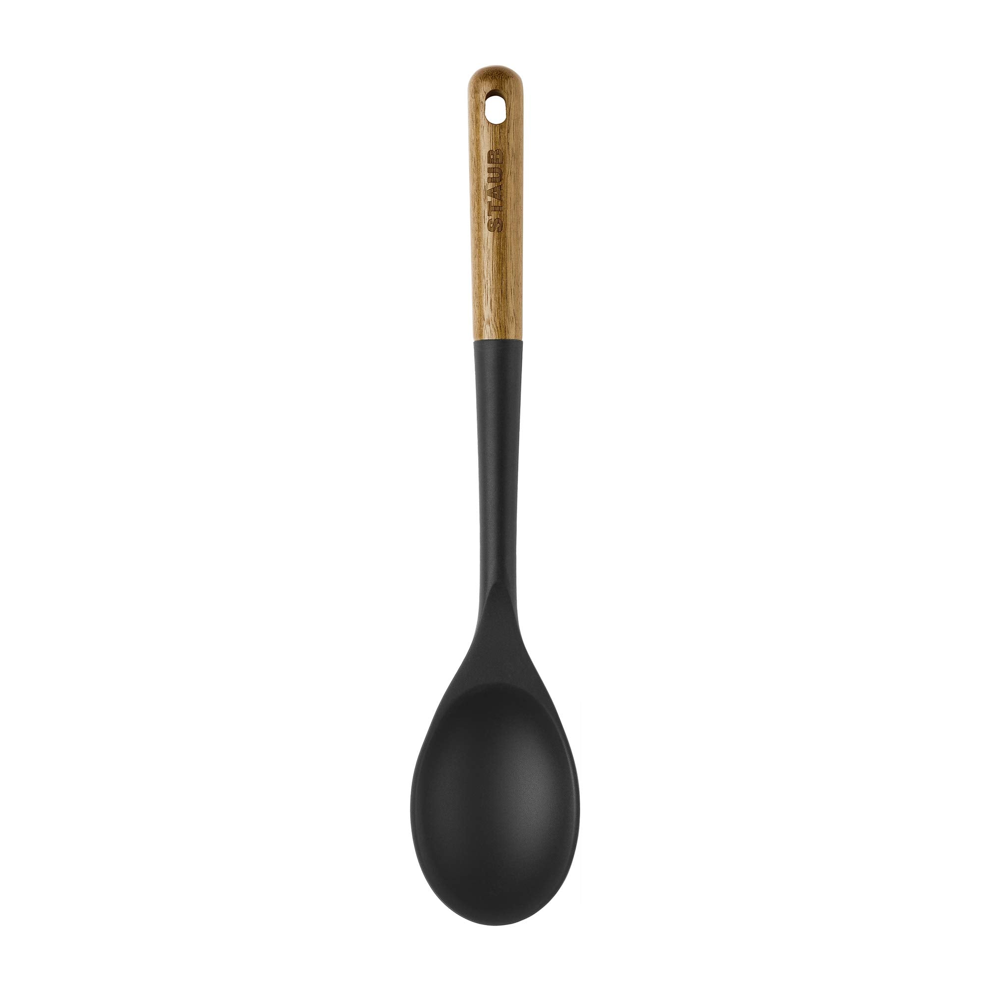 Staub Serving Spoon, Great For Scooping Sides And Serving Hearty Stews, Durable Bpa-Free Matte Black Silicone, Acacia Wood Handl