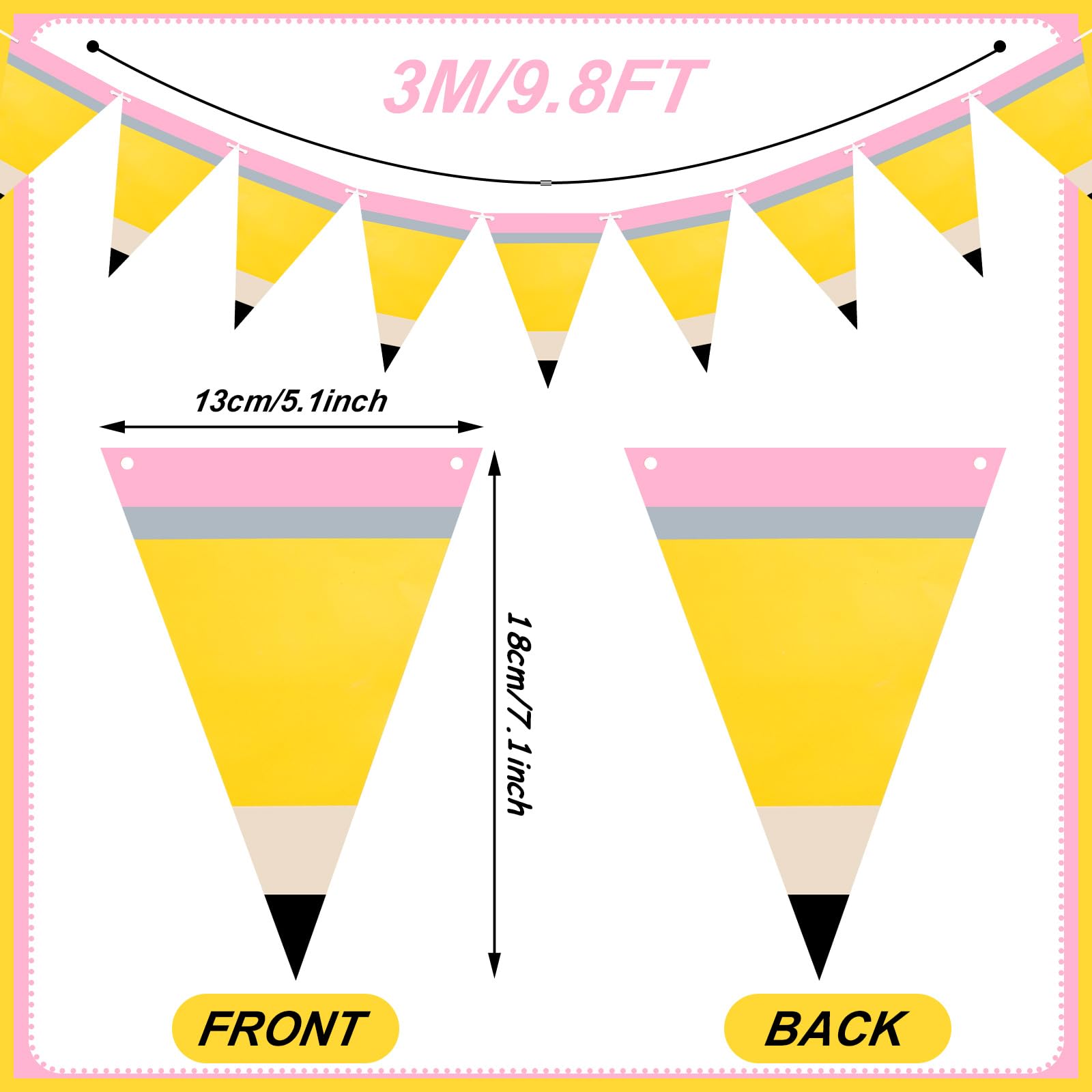 Weekgrat 5 Pcs Pencil Shaped Paper Pennant Banners Back to School Classroom Decorations Triangle Flags with Double Sided Printin