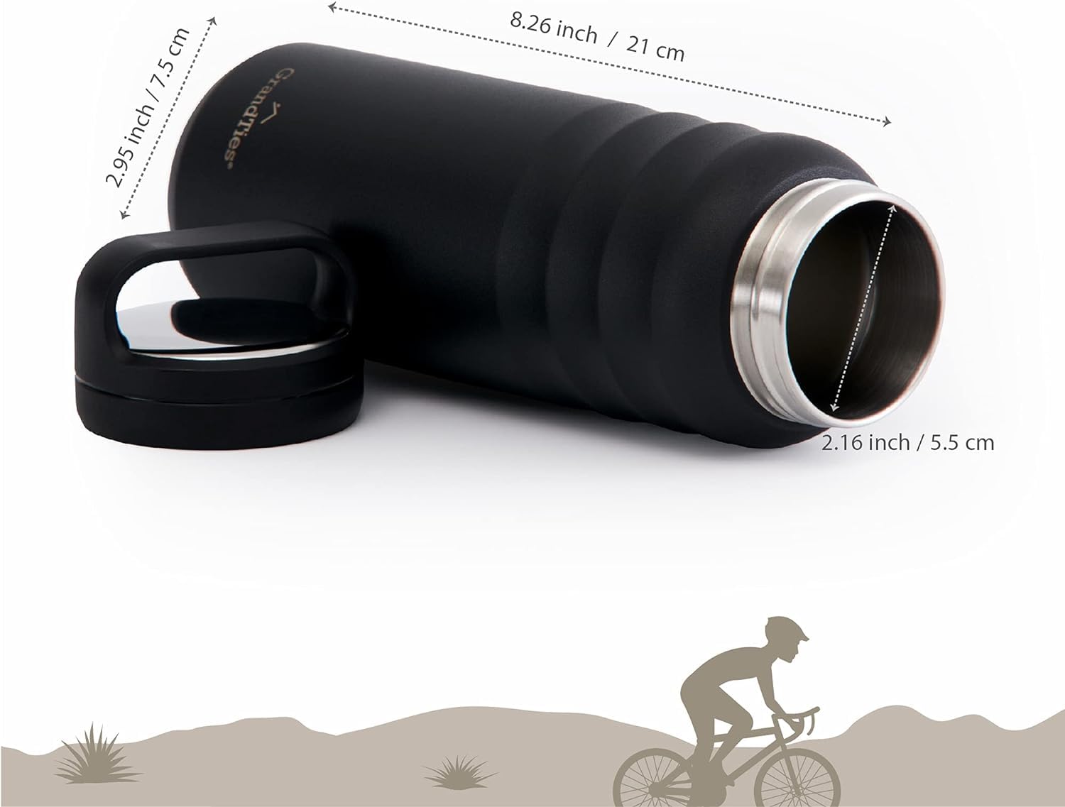 GrandTies 2 Lids Sports Stainless Steel Water Bottle- 24oz  Reusable Wide Mouth Vacuum Insulated Water Bottles  Travel Metal Canteen  Coldest Water bottle for Men and Women- Midnight Black