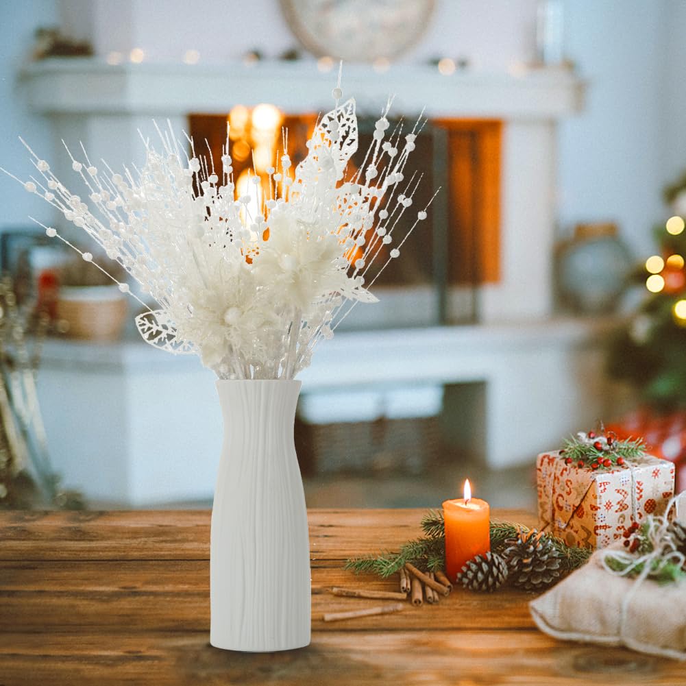 28 Pack White Christmas Tree Ornaments, Artificial Glitter Berry and Flowers Stem Branches Picks for Xmas Tree Decoration Gift S