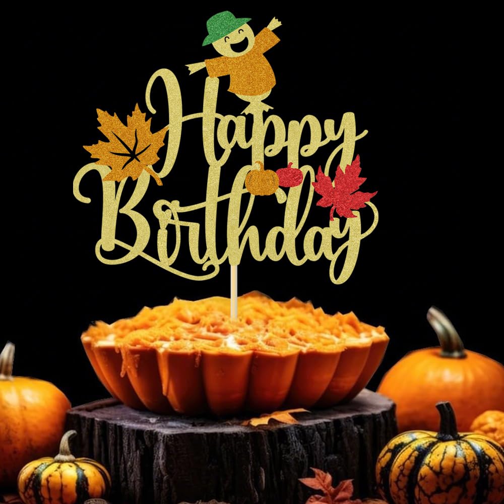 Lgaiehjc Pumpkin Happy Birthday Cake Topper Glitter Autumn Fall Maple Leaves Thanksgiving Birthday Cake Pick for Baby Shower Pum