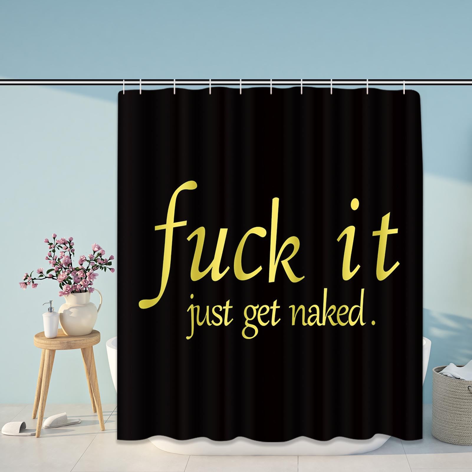 Artsocket 4Pc Black Funny Get Naked Shower Curtain Sets Bathroom Decor With Rugs, Non-Slip Rug,Toilet Lid Cover, Bath Mat And 12