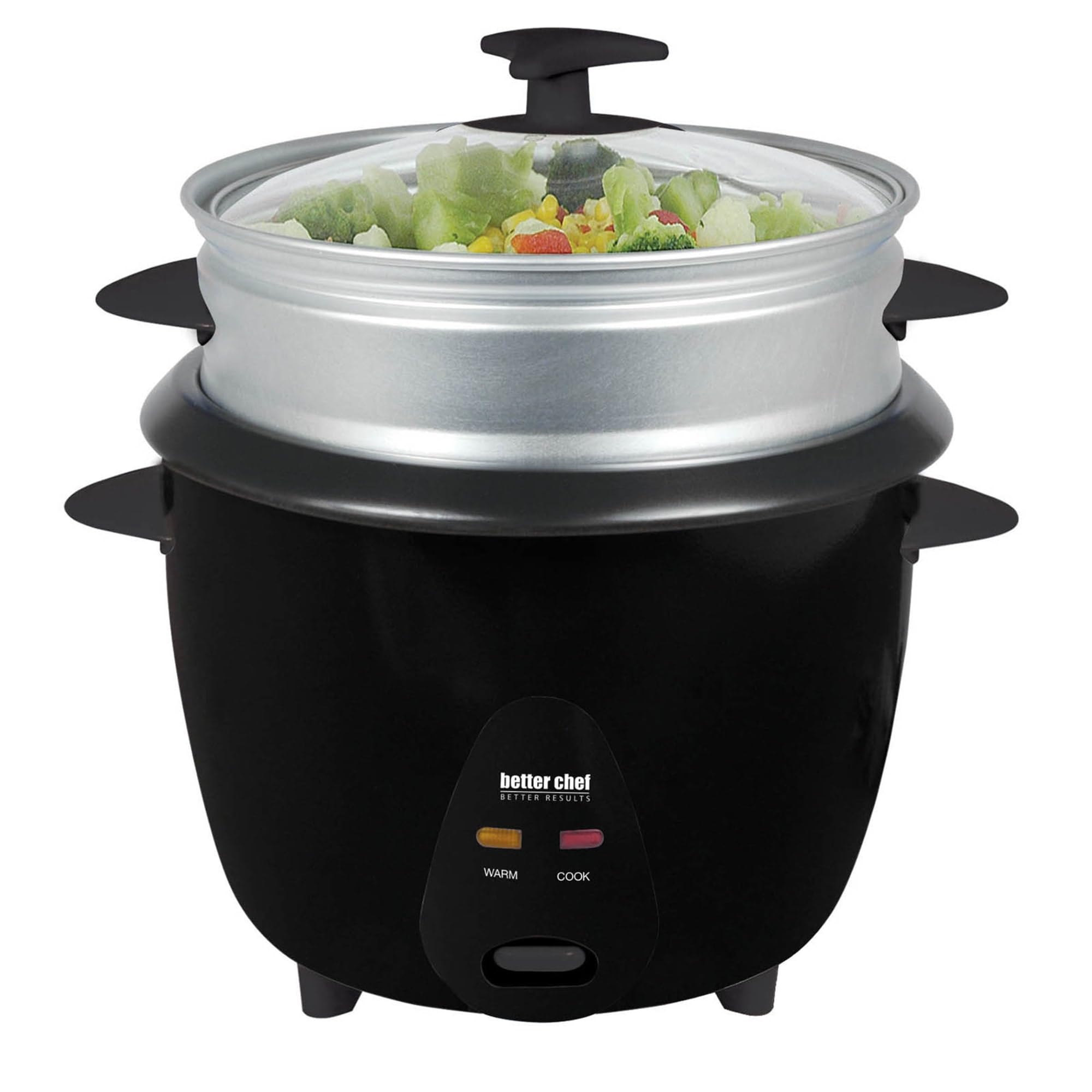 Better Chef Basic Rice Cooker With Food Steamer | Glass Lid | Non-Stick | Cool-Touch | Paddle And Cup Included (10-Cup, Black)