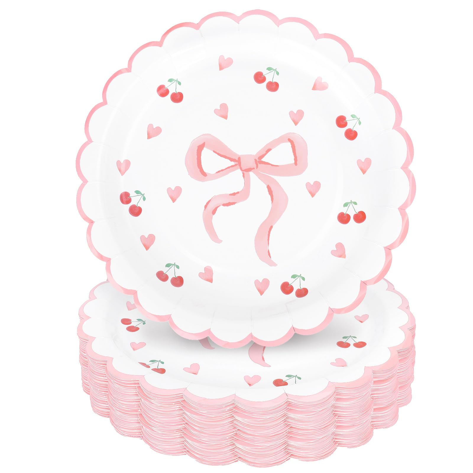 Whaline 40Pcs Pink Scalloped Bow Valentine'S Day Paper Plates 9 Inch Disposable Plates Bow Theme Party Dinner Plates For Wedding
