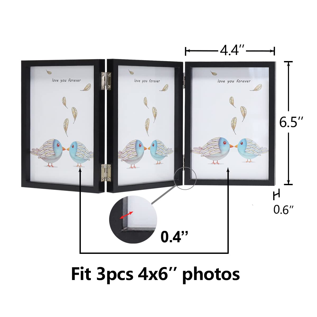3 Picture Frame 4x6 Black Triple Hinged MDF Wood with Glass Front Three Opening Photo Frame Stand Vertical on Tabletop