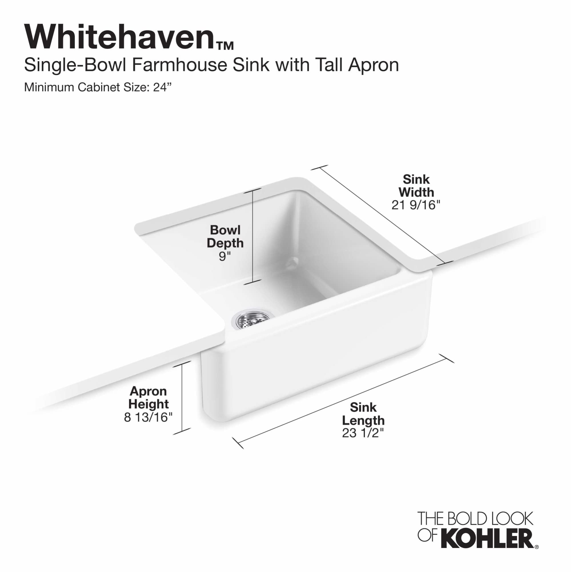 Kohler K-5665-96 Whitehaven Farmhouse Self-Trimming 23-11/16-Inch X 21-9/16-Inch X 9-5/8-Inch Undermount Single-Bowl Kitchen Sin
