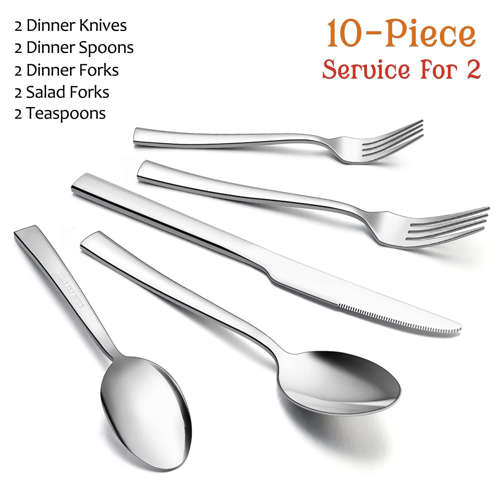 10-Piece Silverware Set, E-Far Stainless Steel Flatware Set Service For 2, Modern Tableware Cutlery Set For Home And Restaurant,