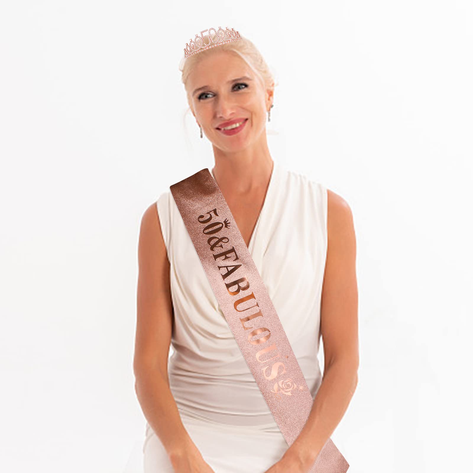 50Th Birthday Sash And Tiara For Women, Rose Gold Crown ''50 And Fabulous'' Sash & Crown Set, 50Th Birthday Gifts For Women, 50T