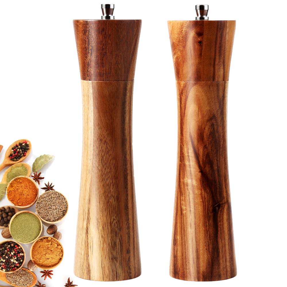 Salt And Pepper Grinders Set, 8 Inch Acacia Wooden Salt And Pepper Mills Shakers Kit Ceramic Rotor With Strong Adjustable Coarse