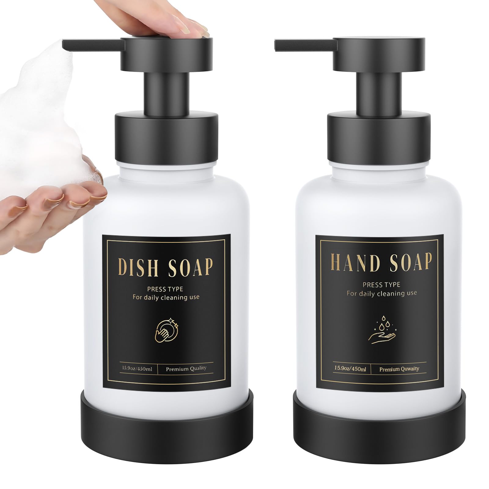 Luxspire Foaming Soap Dispenser, Glass Foam Pump Soap Dispenser, Non-Slip Hand Soap Container with 5 Waterproof Labels, 15 Oz Re