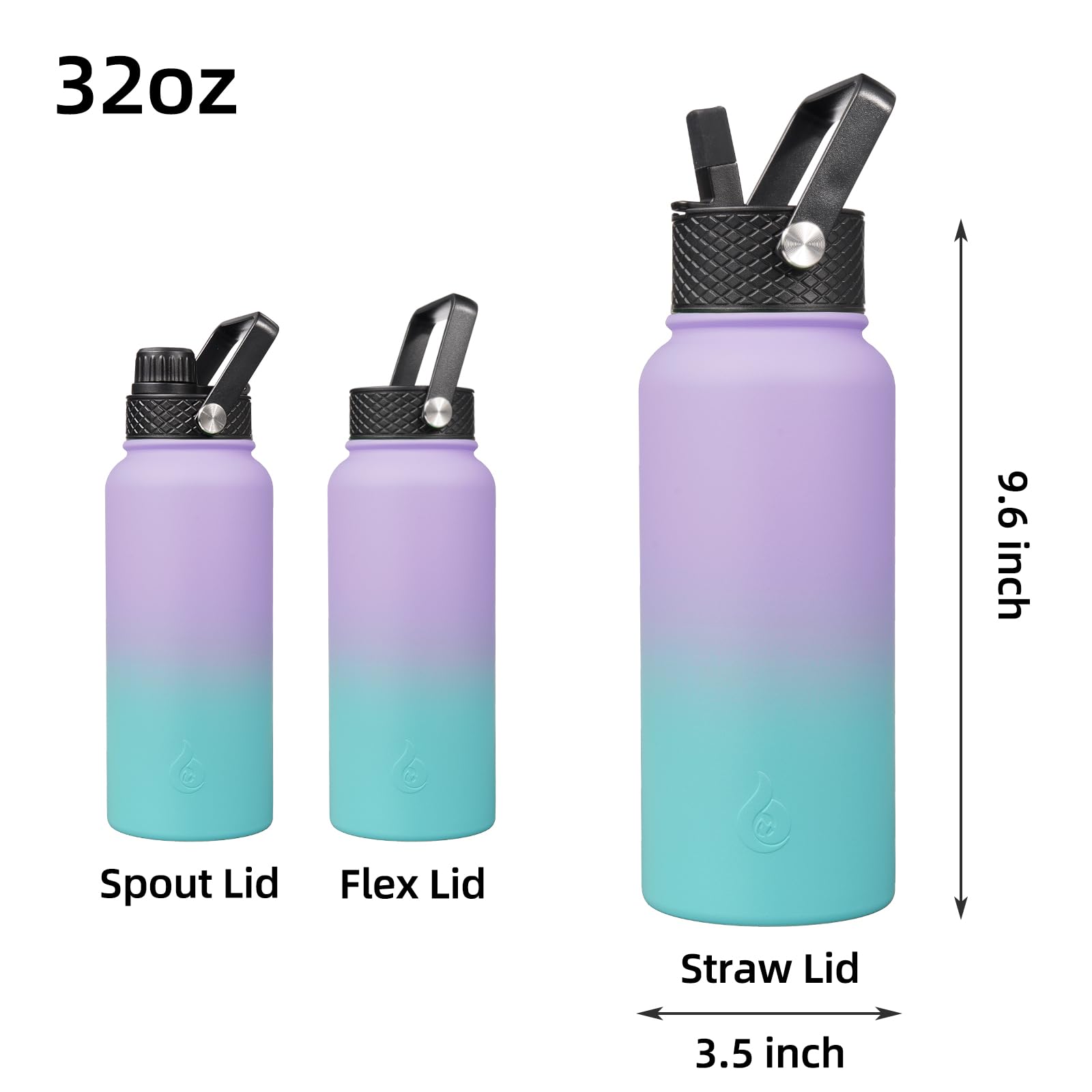 BJPKPK Insulated Water Bottles with Straw Lid, 32oz Metal Large Water Bottle with 3 Lids, Reusable Leak Proof BPA Free Thermo, S