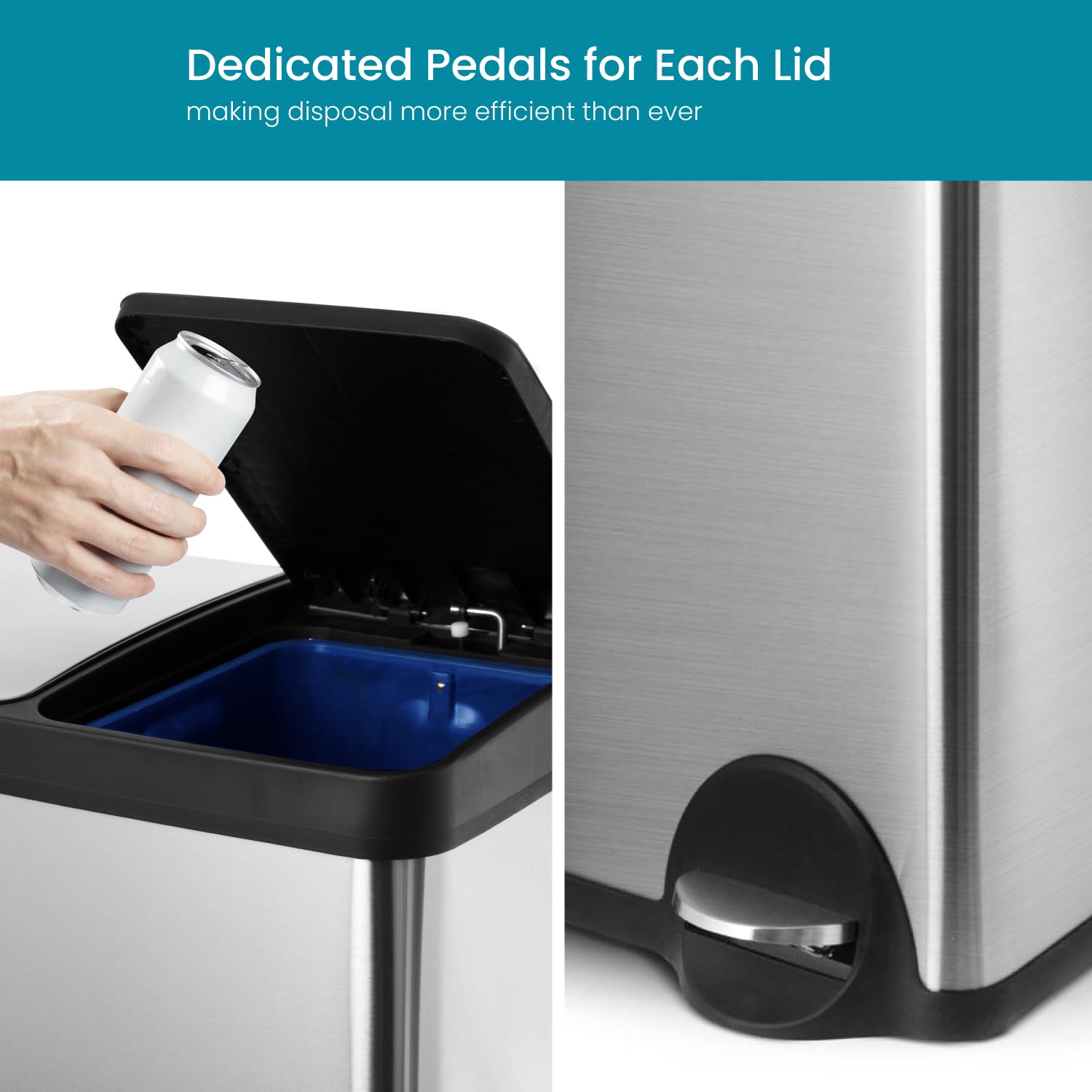 Home Zone Living 15.8 Gallon Kitchen Trash Can, Dual Removable Liners For Recycling And Trash, Wide Stainless Steel Shape (7.9 +
