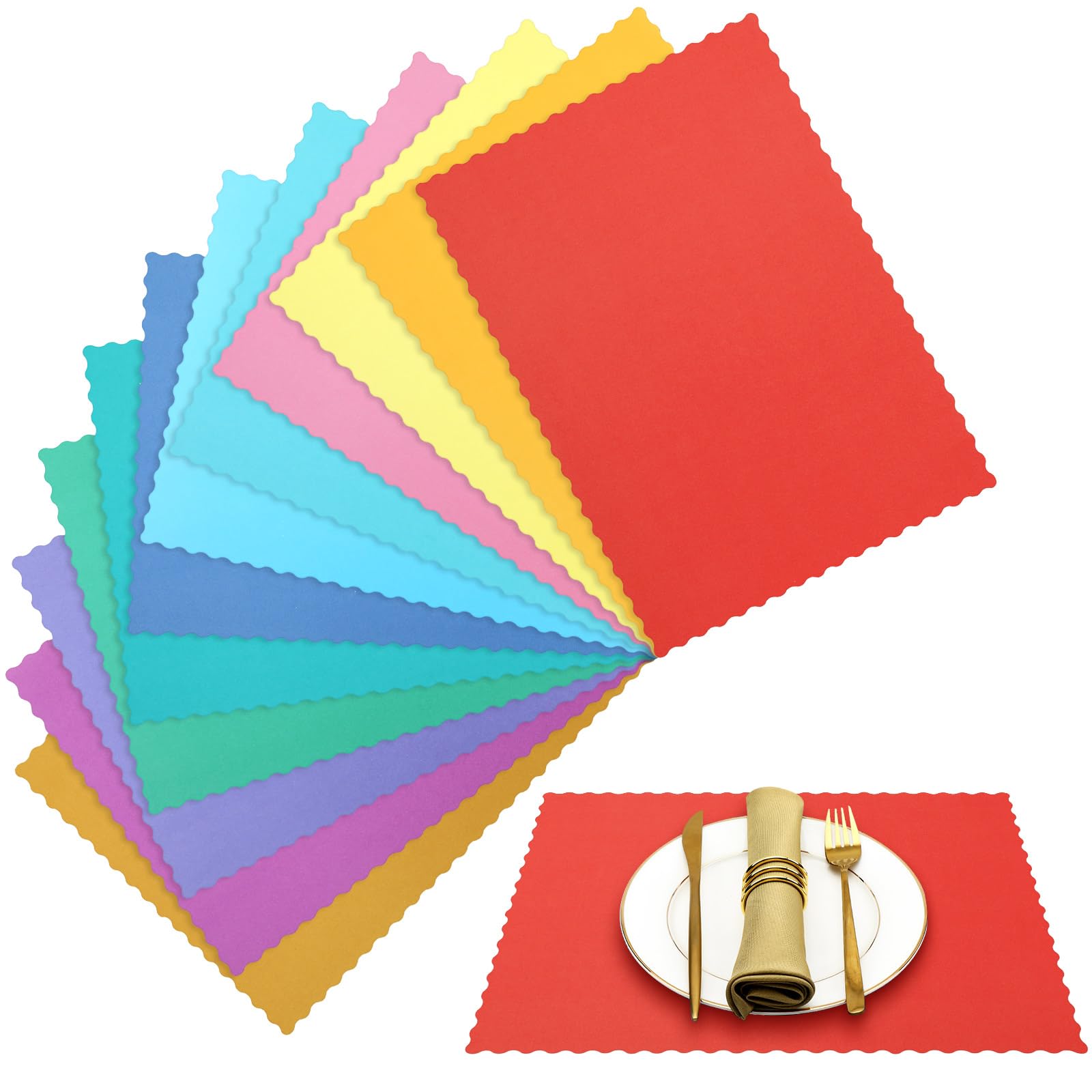 Panelee 120 Pcs Colorful Disposable Paper Placemats 10 x 14 Inch Rainbow Paper Place Mats with Decorative Wavy Scalloped Edge Bl