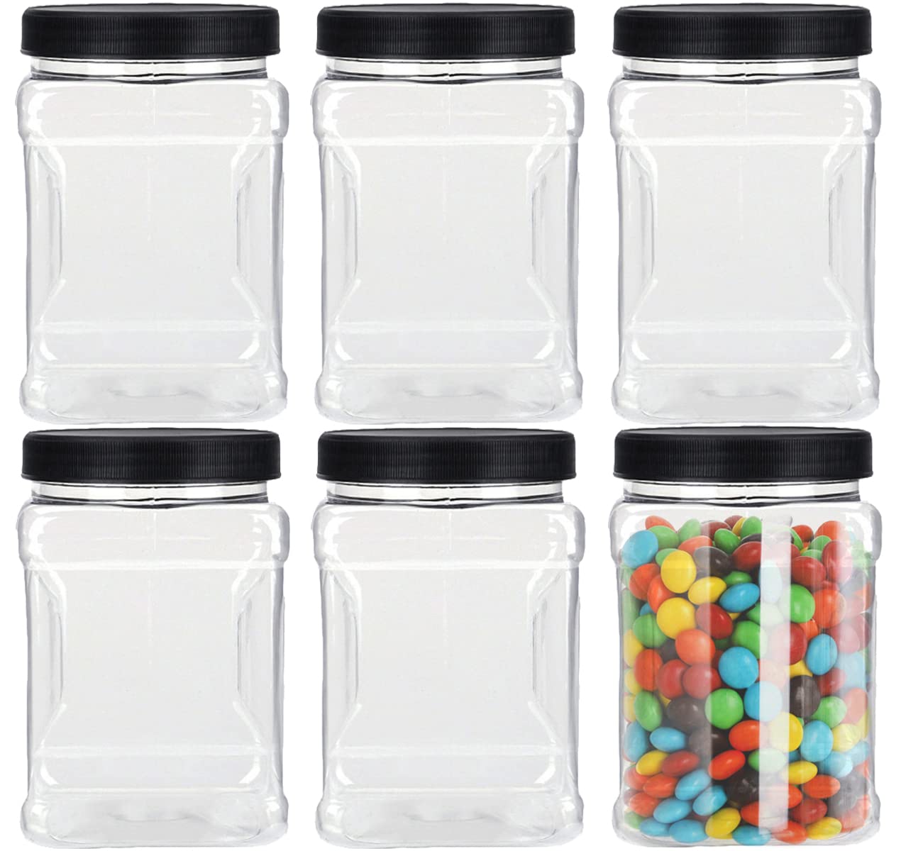 Lawei 6 Pack Clear Plastic Jars With Lids - 32 Oz Square Plastic Jars Containers With Easy Grip Handles Plastic Storage Jars For