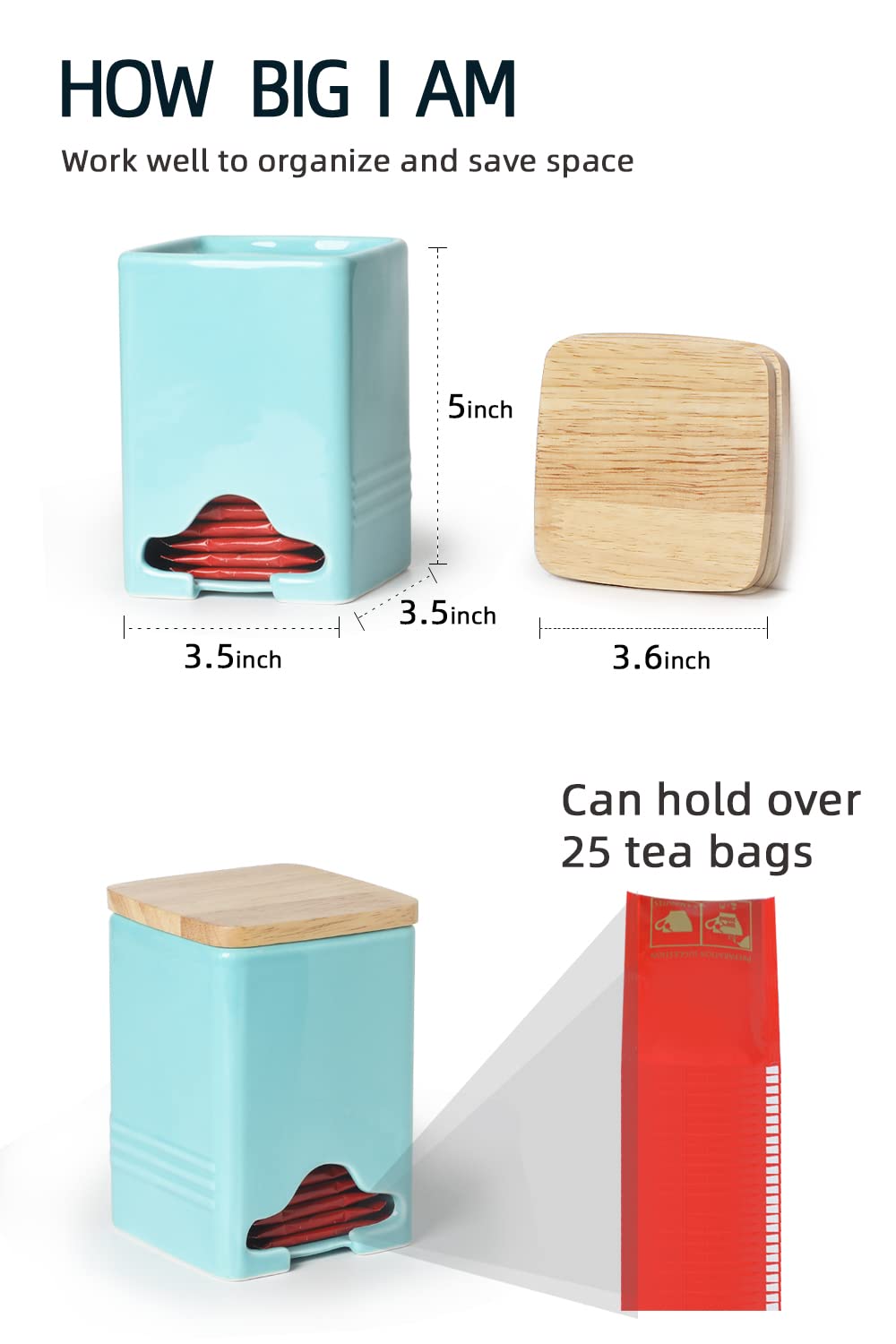 Quxija Ceramic Tea Bag Storage Organizer Caddy Holder With Lid (Turquoise)
