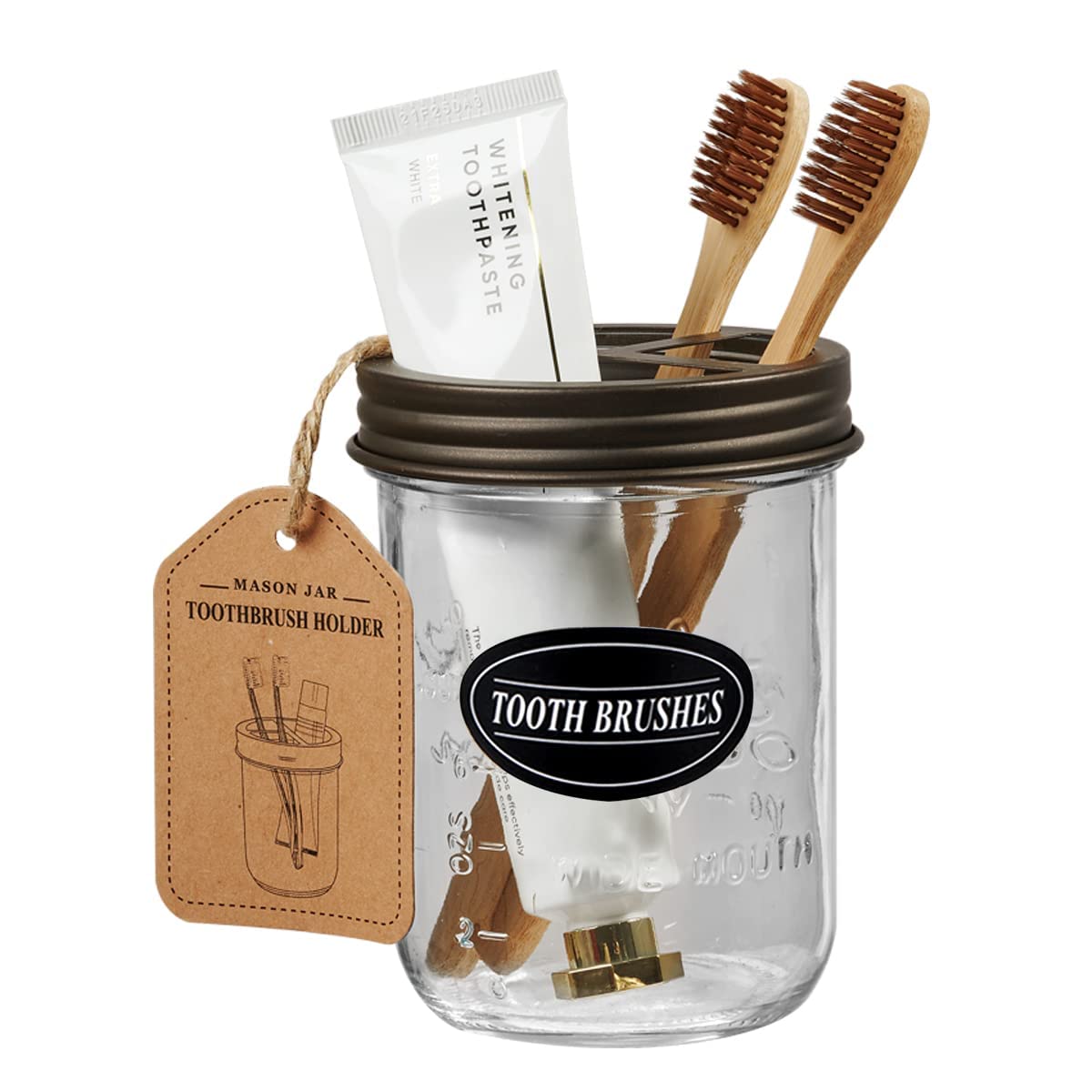 Komashr Mason Jar Toothbrush Holder -Bronze - With 16 Ounce Mason Jar,Premium Rustproof 304 Stainless Steel Lid And Chalkboard L