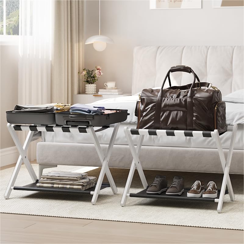 Smart Fendee 2 Pack Luggage Rack, Folding Luggage Rack For Guest Room, White Bamboo Suitcase Stand Holds Up To 131 Lb, Luggage S